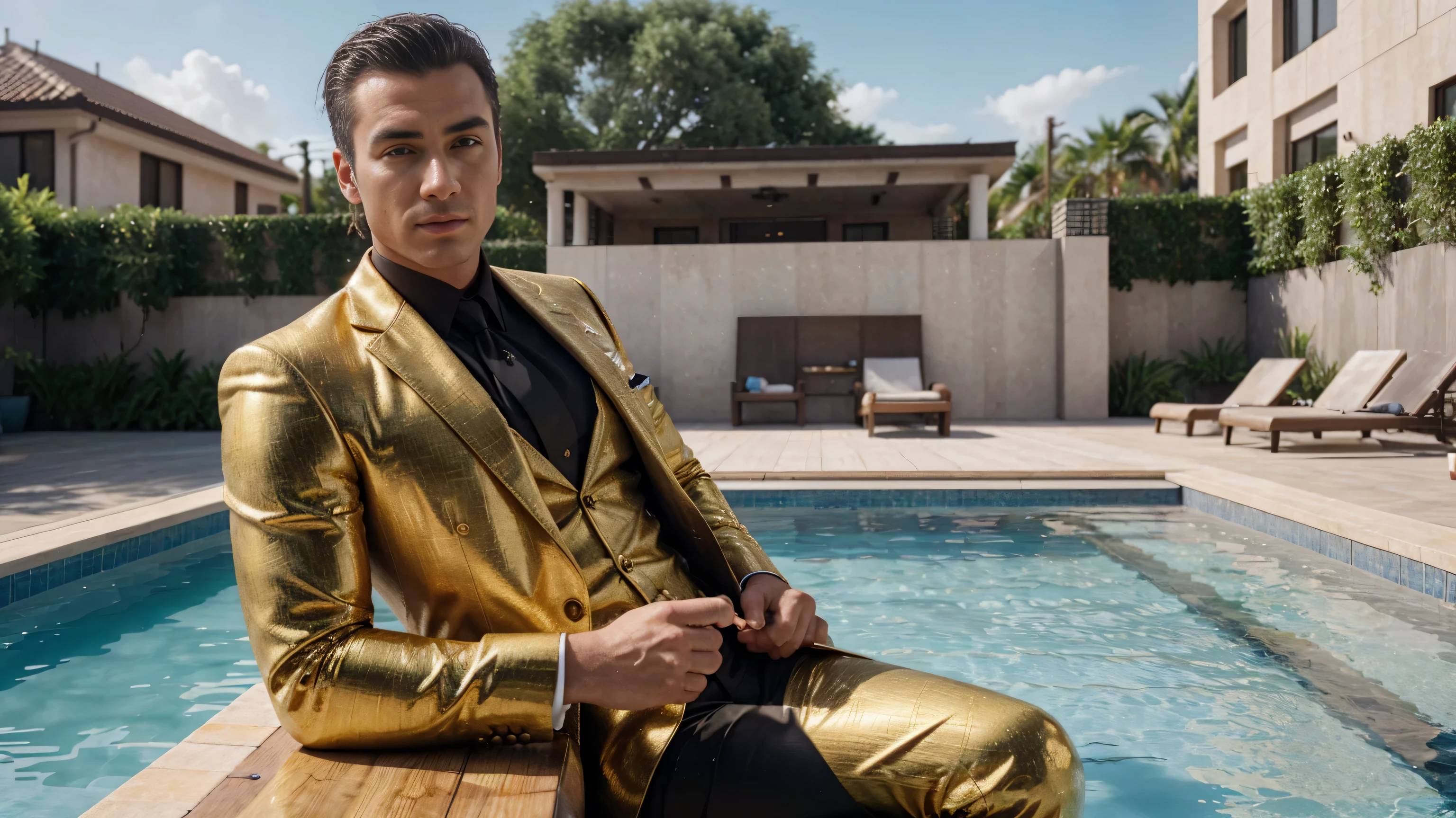 a millionaire man in a suit in front of a swimming pool and beside him several bars of gold money, ultra detailed image, realism, 8k, hyper detailed skin, intense and vivid colors.