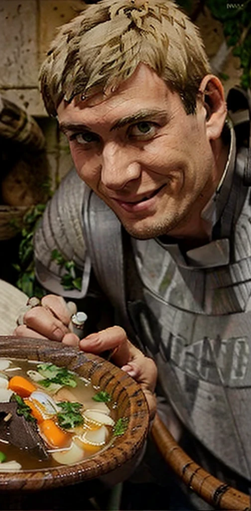 HDR, best quality, 1man, Laios Touden, dark blond hair, dark green eyes, facing the plate, (neck extended and head turned to the viewer), smiling, hand holding a spoon, spoon filled with soup, facing left side of the picture, visible from chest and above, plate armor, table has a plate filled with soup, (soup contents with a macaque skull floating), sopa de macaco