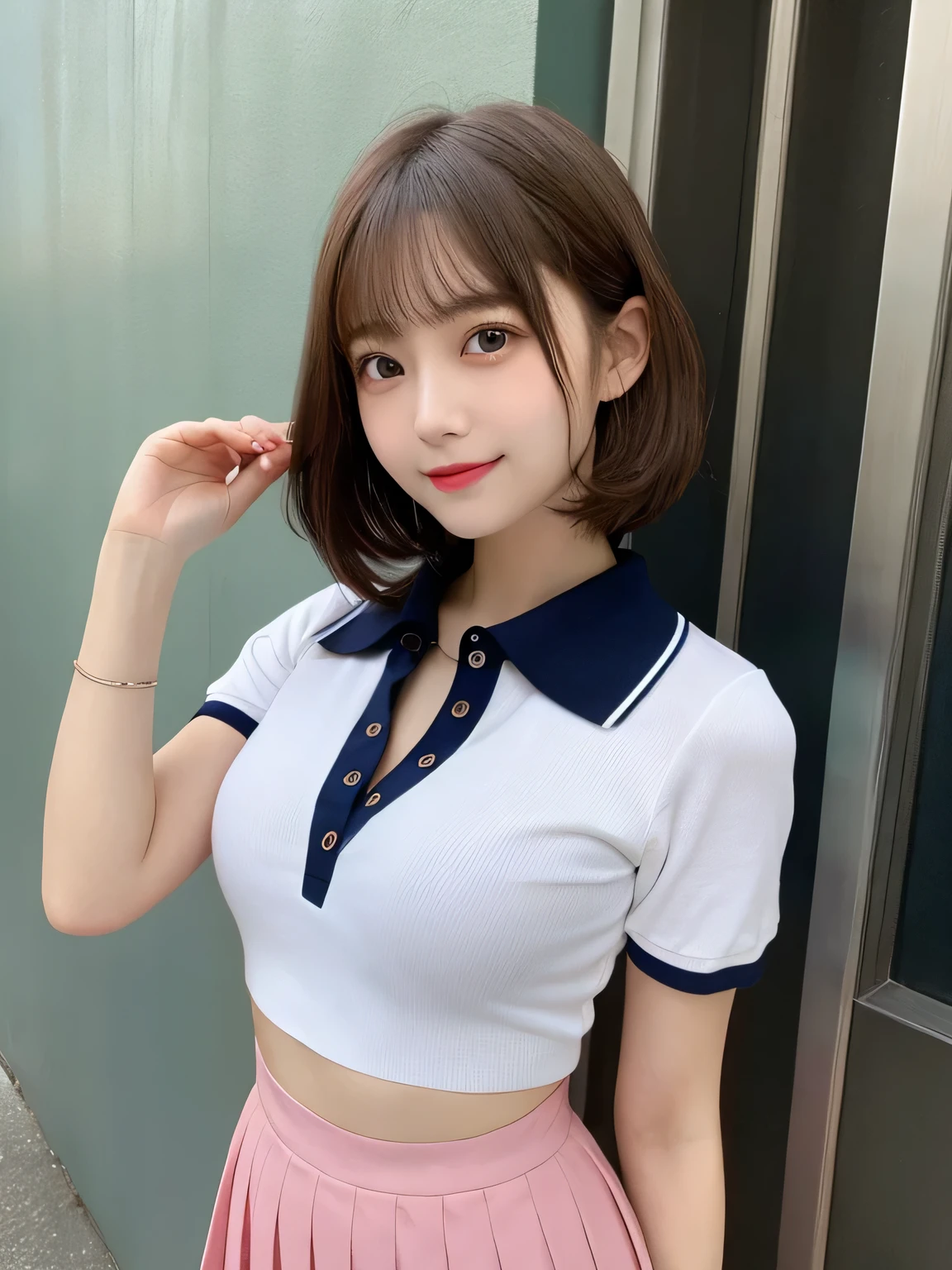 highest quality, figure, sexy、slender、Red open front polo shirt、Cleavage、sexy、Very detailed, Fine details,Slim body、slender、Japanese girl、 High resolution, 8k,wallpaper, Perfect dynamic composition, Beautiful fine details, Short Bob Hair、Brown Hair Color,Big Natural Color Lip, Bold sexy pose,smile、Cold Stare,、Cute type、Lolita、Good Eyesle body,Pink wall,Sexy thighs are visible、Navy blue mini skirt、
