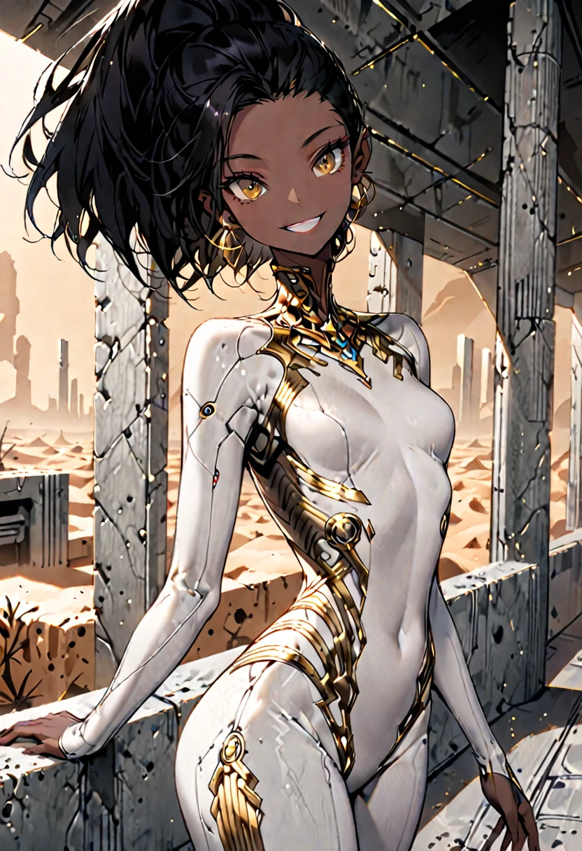 solo, female, sfw, futuristic, dark skin, black hair, slender, tall, desert, medium shot, elegant, indoors, brutalism, concrete, simple white clothes, playful, wide smile, jewelry, gold