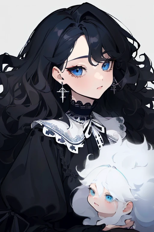 (highest quality、masterpiece:1.2), ((mature woman))huge , adult face、black hair、two side up、BLUE eyes, (dark eye shadow、lots of earrings) gothic dress, black dress, victorian dress,  (((fluffy hair))), makeup, finely detailed, (best quality), (intricate details), ((Long jet black hair)), ((Hair is fluffy)), best quality,  beautiful face, cute face, pinup, perfect face, (((blue eyes))), ((curly long hair))