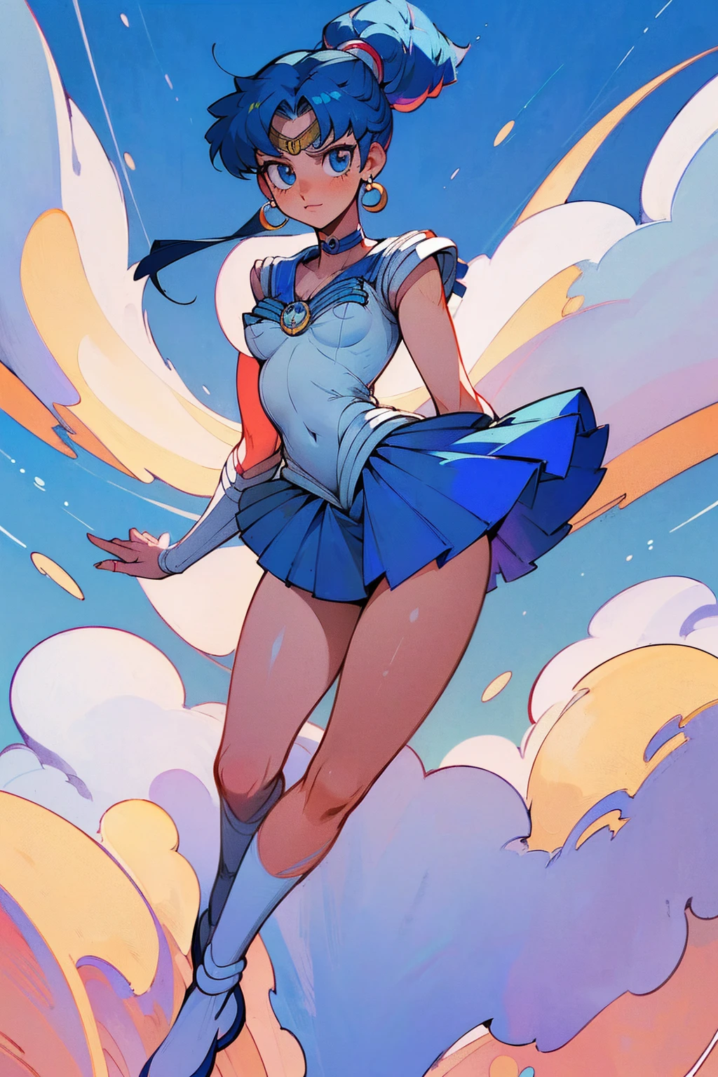 ((8k: 1.27), (maximum quality, art, super high resolution: 1.2), (4K illustration quality), Perfect Female Body, Long blue hair, Ponytail hairstyle, sailor moon clothing, ((blue and white clothings)) showing legs, sexy pose, proiminent nipples, small breasts