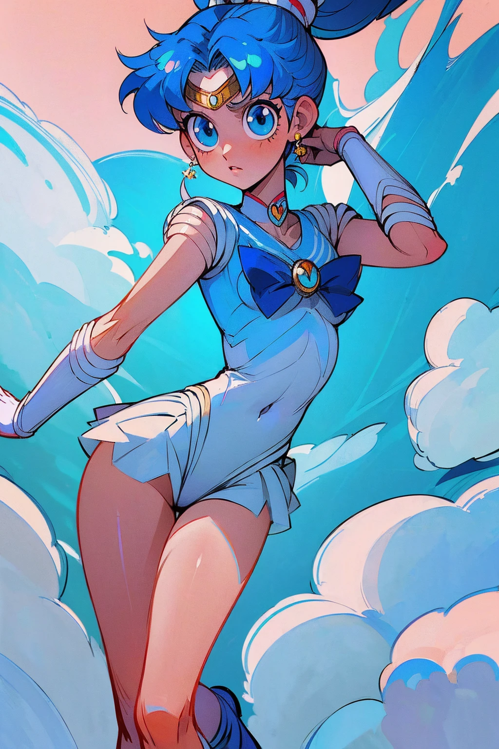 ((8k: 1.27), (maximum quality, art, super high resolution: 1.2), (4K illustration quality), Perfect Female Body, Long blue hair, Ponytail hairstyle, sailor moon clothing, ((blue and white clothings)) showing legs, sexy pose, proiminent nipples, small breasts