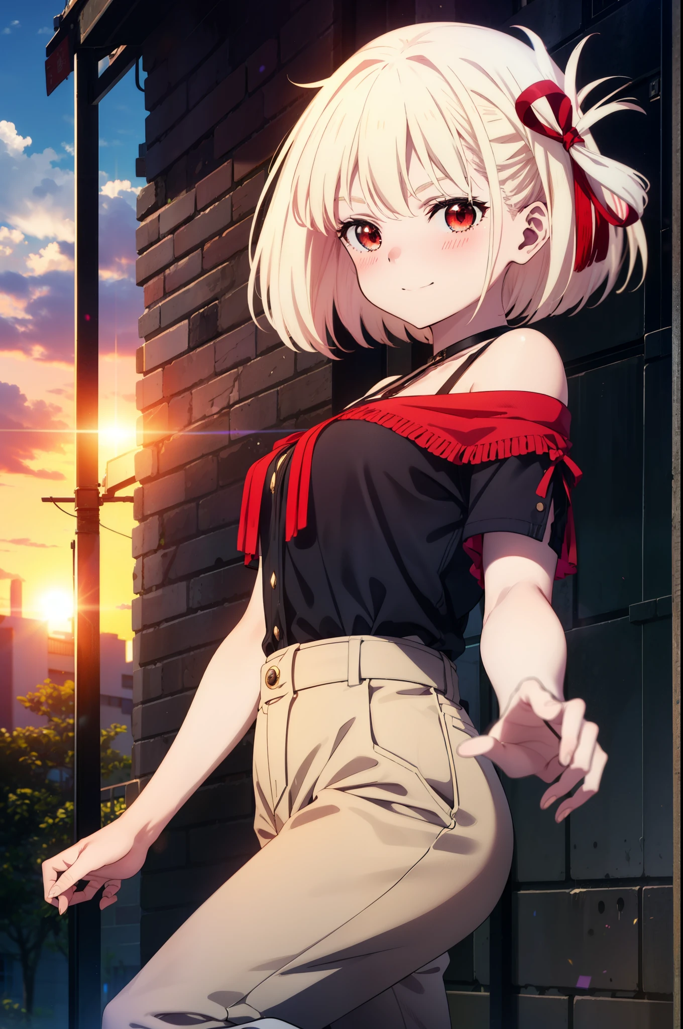 chisatonishikigi, Chisato Nishikigi, short hair, bangs, Blonde Hair, (Red eyes:1.5), hair ribbon, One side up, Bobcut,smile,blush,
Cord off-shoulder top,Short sleeve,skinny pants,Stiletto heels,morning,morning陽,The sun is rising,The whole body of the person walking is included in the illustration.,morning,morning陽,The sun is rising, 
Destroy outdoors, city,Building district,
壊す looking at viewer, Systemic
break (masterpiece:1.2), highest quality, High resolution, unity 8k wallpaper, (figure:0.8), (Beautiful fine details:1.6), Highly detailed face, Perfect lighting, Highly detailed CG, (Perfect hands, Perfect Anatomy),