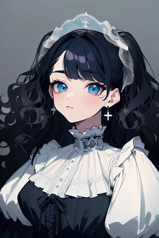 (highest quality、masterpiece:1.2), ((mature woman))huge , adult face、black hair、two side up、BLUE eyes, (dark eye shadow、lots of earrings) gothic dress, black dress, victorian dress, (((fluffy hair))), makeup, finely detailed, (best quality), (intricate details), ((Long jet black hair)), ((Hair is fluffy)), best quality, beautiful face, cute face, pinup, perfect face, (((blue eyes))), ((curly long hair))