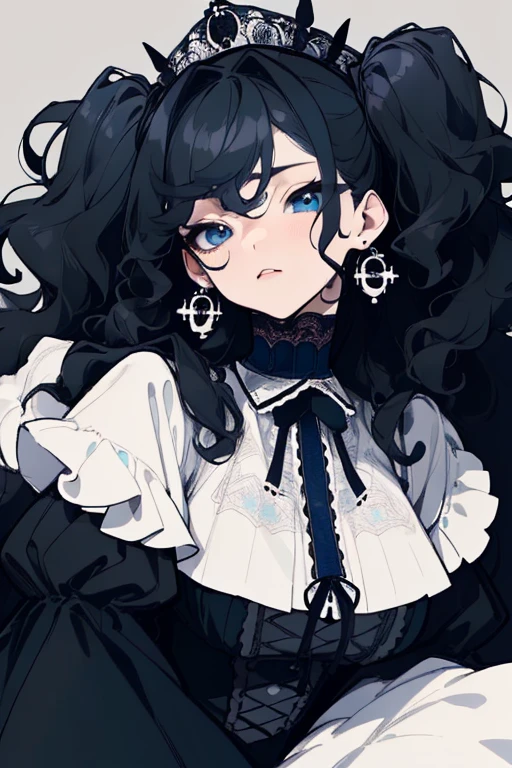 (highest quality、masterpiece:1.2), ((mature woman))huge , adult face、black hair、two side up、BLUE eyes, (dark eye shadow、lots of earrings) gothic dress, black dress, victorian dress, (((fluffy hair))), makeup, finely detailed, (best quality), (intricate details), ((Long jet black hair)), ((Hair is fluffy)), best quality, beautiful face, cute face, pinup, perfect face, (((blue eyes))), ((curly long hair))