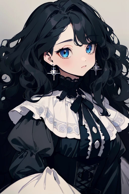 (highest quality、masterpiece:1.2), ((young woman))huge , adult face、black hair、two side up、BLUE eyes, (dark eye shadow、lots of earrings) gothic dress, black dress, victorian dress, (((fluffy hair))), makeup, finely detailed, (best quality), (intricate details), ((Long jet black hair)), ((Hair is fluffy)), best quality, beautiful face, cute face, pinup, perfect face, (((blue eyes))), ((curly long hair))