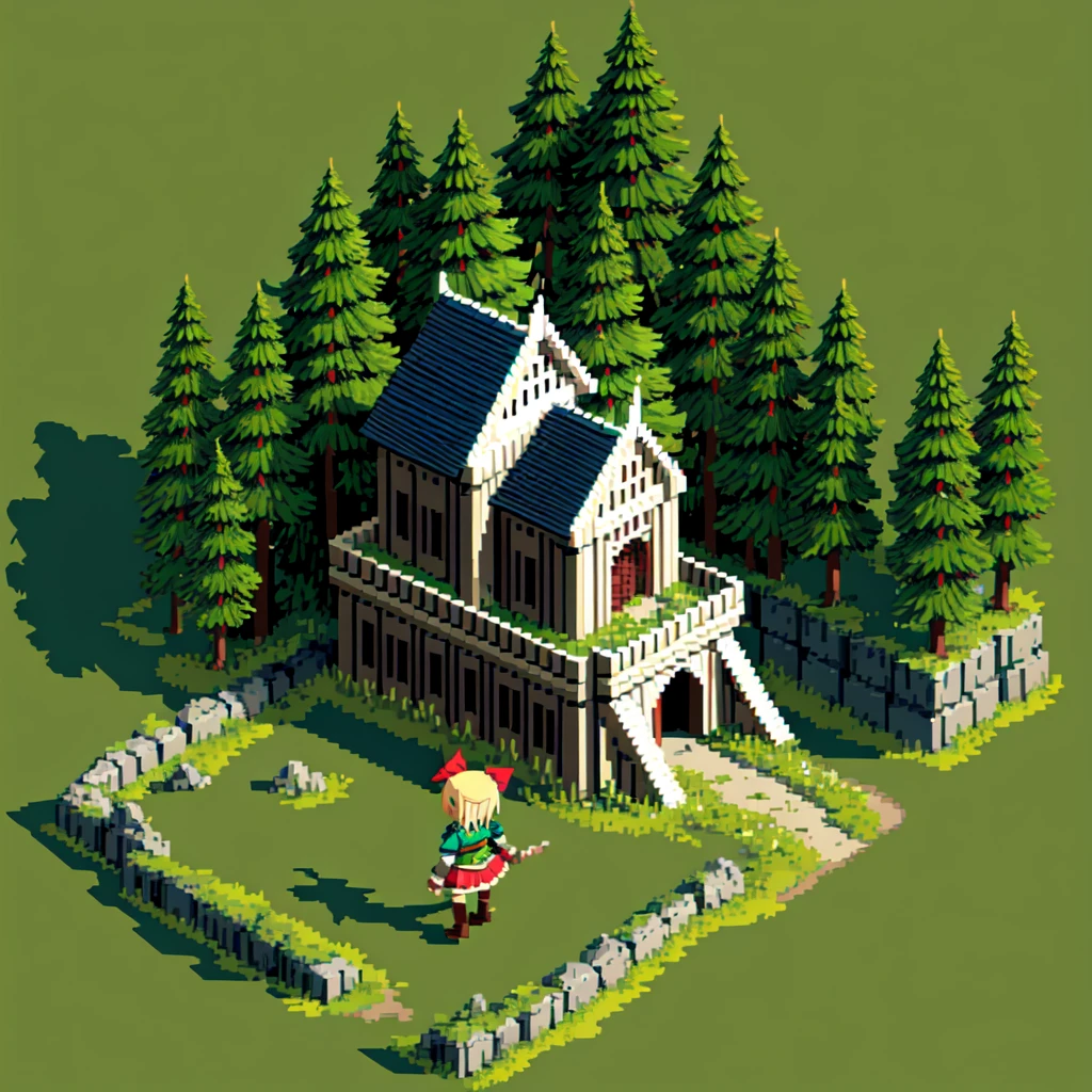 (masterpiece, top quality, best quality), pixel,pixel art,girl,elf,bow,green castle,forest background,fullbody