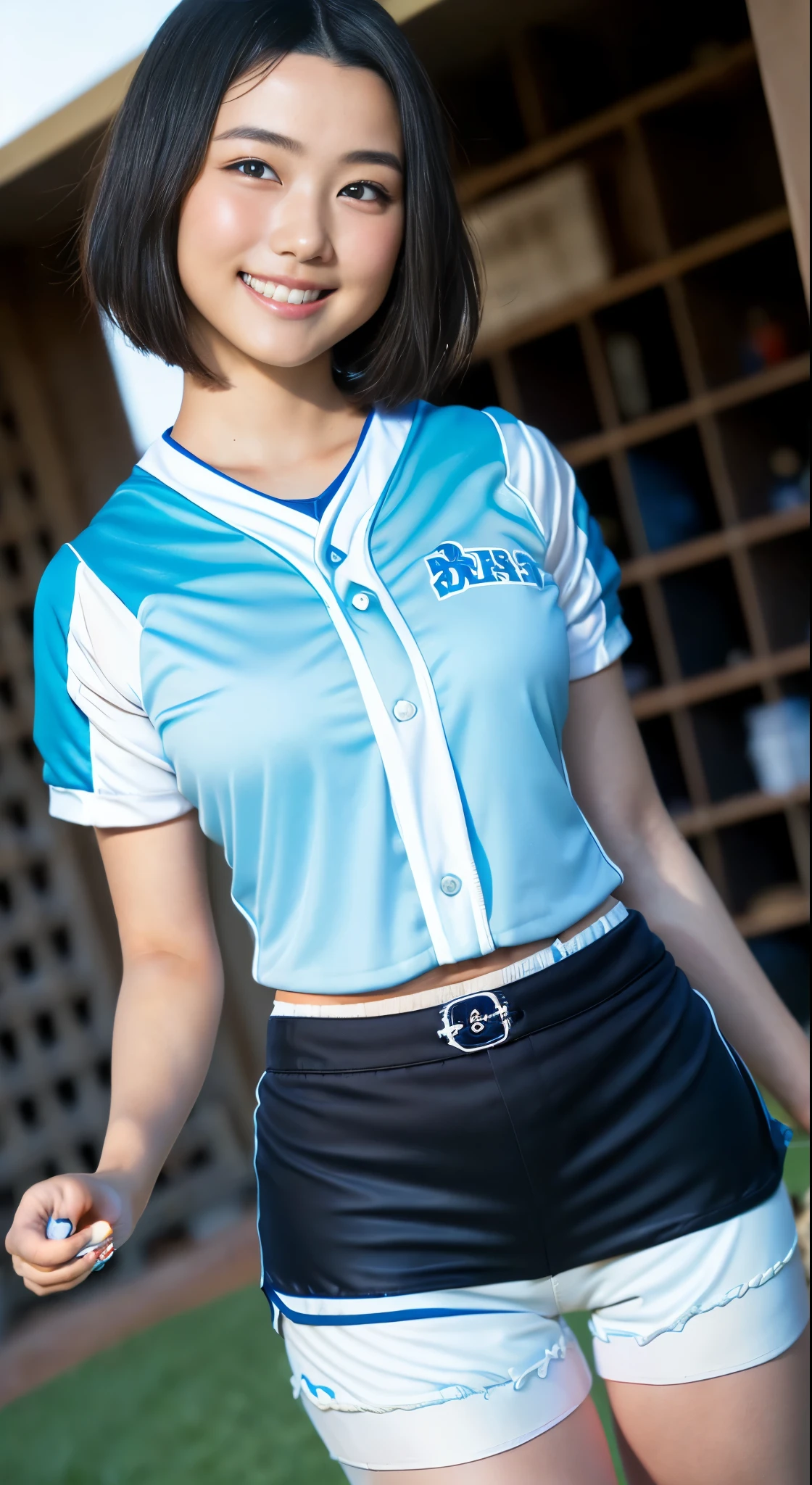 (8k、Raw photography、highest quality、masterpiece:1.2),(Black-haired、Very short hair:1.8),(ponytail:1.5)、View your audience,Viewed from the front,White skin,(high school girl、Light blue baseball uniforms:1.7)、(Tight waist:1.6)、(Clothes that accentuate the shape of the breasts:1.0)、(Big Breasts :1.3)、Slim figure、Ultra-high resolution,beautiful,beautiful fece,(one person、No background:1.9),whole bodyボディー,Japanese women,(reality的:1.37)、Photon Mapping,reality、(Baby-faced and cute: 1.4)、(Cute Smile: 1.8)、(Round face: 1.8)、Radio City、Physically Based Rendering、Depth of field rally background、photograph, (I can see your knees、Very short white shorts、Thigh close-up:1.8),(:1.4),whole body、Great quality