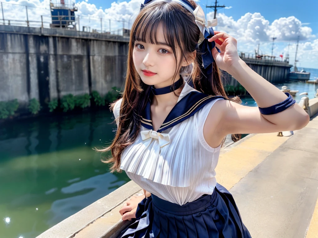 (((very heavy chest))),NSFW, 16k raw photos, highest quality, masterpiece, ultra high resolution, ((She is wearing Beautiful exposed redShe is wearing (a high school sailor uniform).
(navy sailor collar:1.4),(white shirt:1.4),(navy pleats skirt:1.4),(navy bow:1.4))).movie, ((2 girls, , 2 girls)),((attractive expression)),eyes shine、 looking at the viewer, natural skin texture very heavy chest))),((( metal black ribbon around the neck))).star handle mold、((yellow eyes)),Realistic eye and face details, lip whole, lipstick makeup), fluffy ponytail hair, laughter, Beautiful feet, tall woman, ((glowing skin)),((Beautiful armpit)), slim_feet, huge breasts, cleavage, beautiful natural places, beautiful flower garden、(detailed background,highly exposed, huge breasts, blurred background,, JK ribbon on the neck, jk ribbon, golden hair, bracelet, water, bangs, split your lips、armpit、beautiful hip line、glowing skin、(((eyes shine brightly))),lotion skin、High leg、((black hair)),highly exposed、Skimpy pink luxury fur coat、beautiful sea background、wind effect、