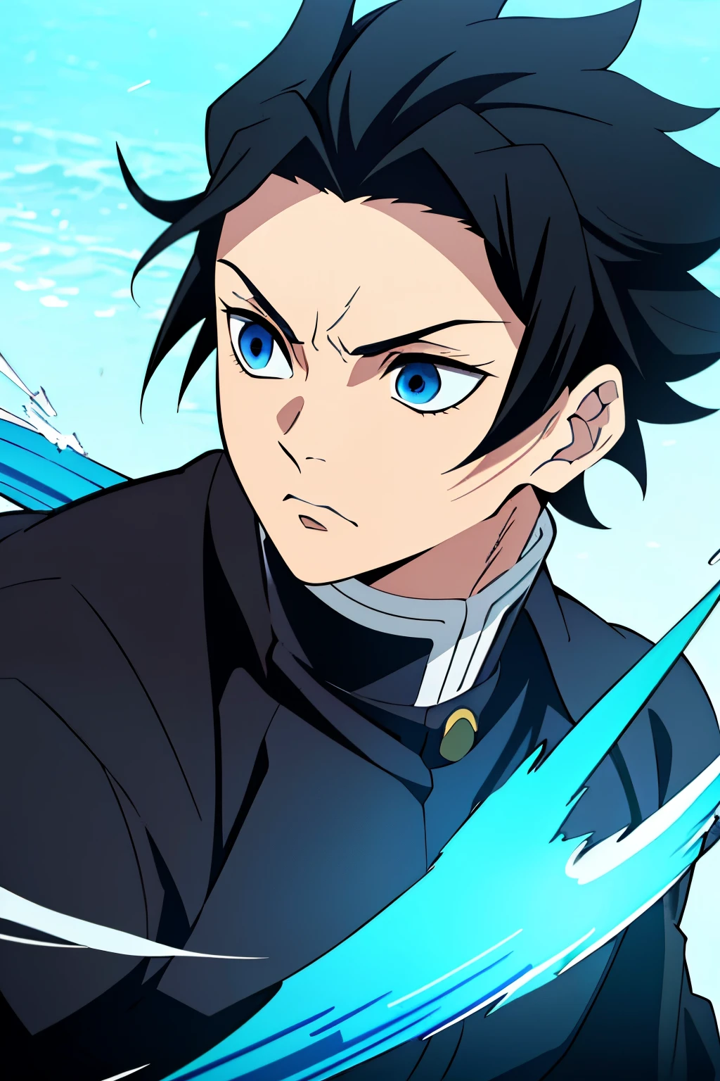 Male, Jet black hair, short length brushed back hair, icy blue eyes, teenager, lean athletic body, strong jawline, (Black Demon Slayer Uniform), (Kimetsu no Yaiba), ((Unsheated white katana)), ice breathing style