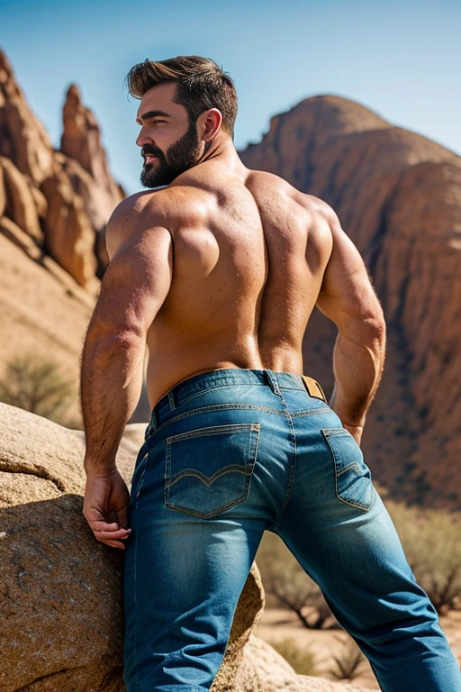 Mature man, very handsome, best quality, adventurer, yellow jeans, hairy chest , masterpiece, super high resolution, detailed background, reality, , single, 1 boy, muscle man, beard, desert, desert, mountain, muscle, facial hair, volumetric lighting, depth of field, wheezing, raised crotch, handsome action, big dynamics, (((big butt))) ((backside))