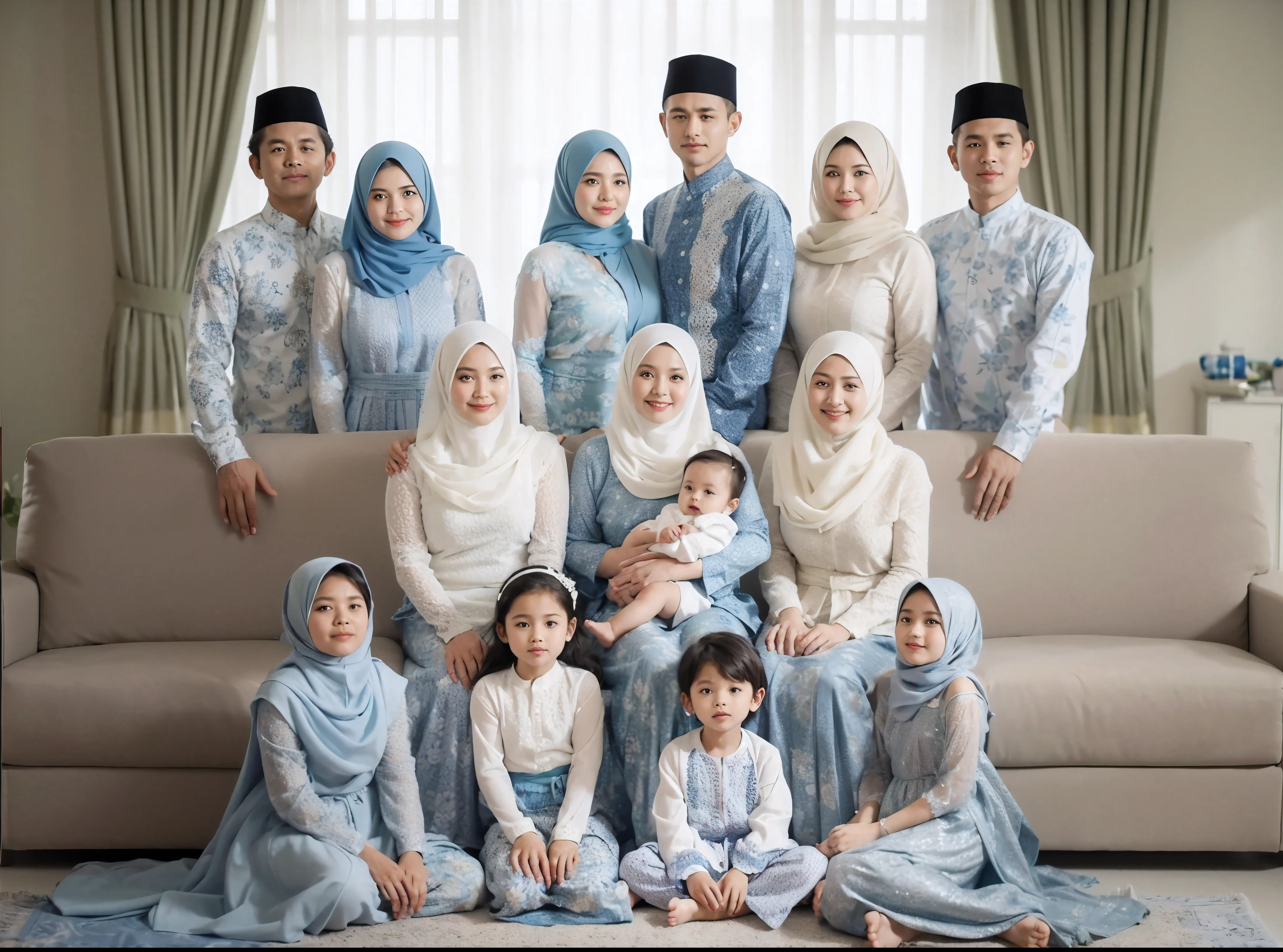 Family photo Indonesia, fourteen members, 1 mother aged 80 years, two adult men aged 37 years, five adult women aged 30 years, one woman carrying a 1-year-old baby girl, three girls aged 13, 10, and 8 years, and one 10-year-old boy, the boy wearing a blue batik shirt, and all the women in white shirts, wearing the same blue hijab, looked luxurious, realistic photo, living room, daylight, green flower vase, detailed, UHD, 32k 