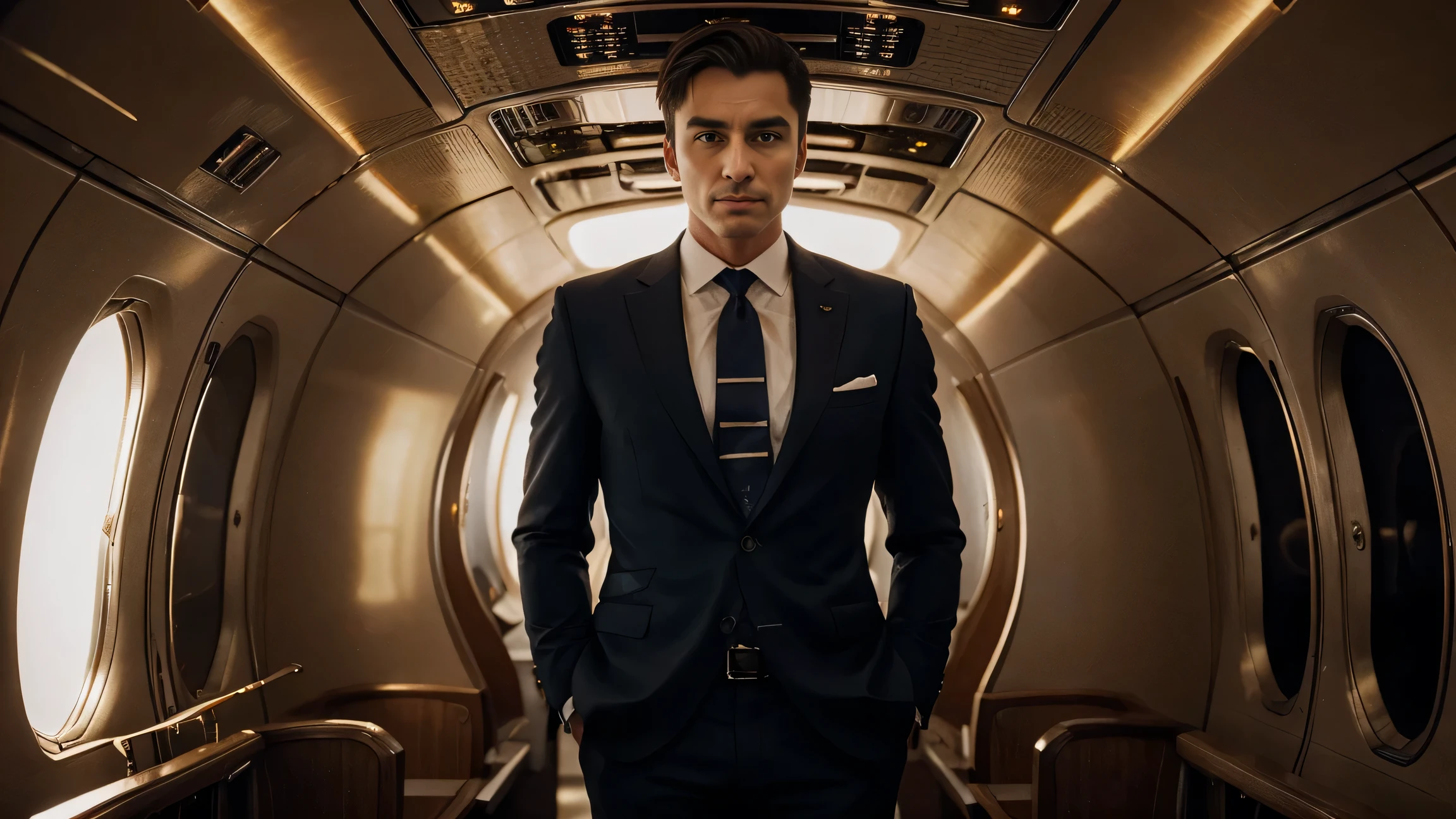 a millionaire man in a suit inside a plane with several gold coins next to him. money, ultra detailed image, realism, 8k, hyper detailed skin, intense and vivid colors.