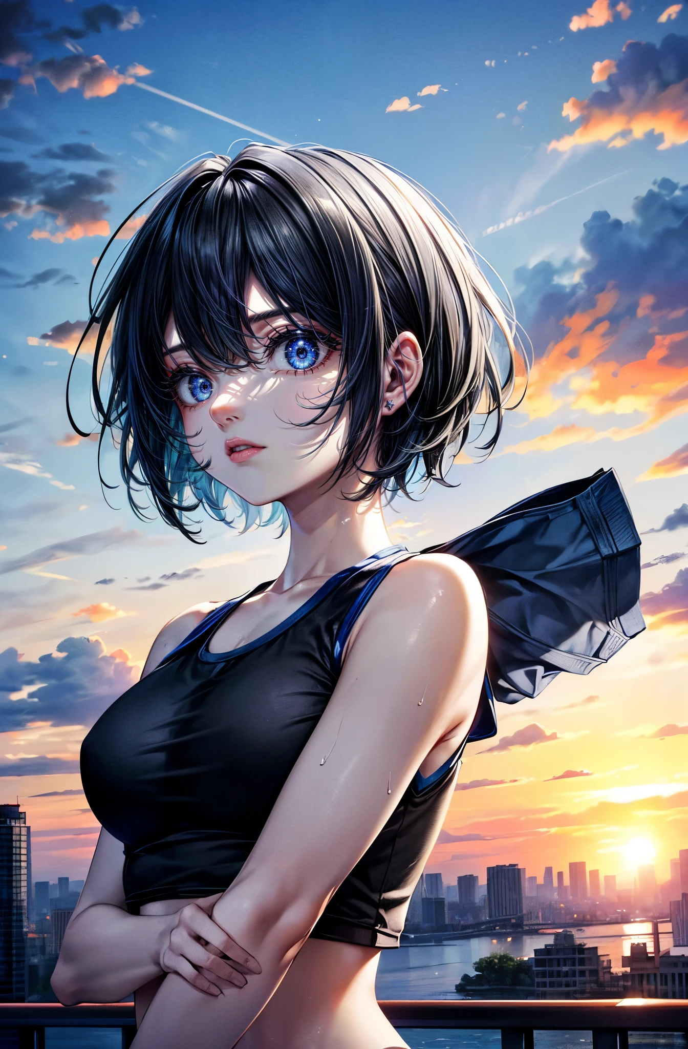 Hyper Quality、8K quality、High resolution、Image quality captured with a single-lens reflex camera、(software)、Perfect Anatomy、(Black Grey Short Hair、Shoulder-length hair:1.2)22 year old beauty.Mature face、blue eyes(Sharp look:1.4)(a small amount of sweat all over the body:1.2)(Nice shape and normal breasts)
BREAK
(Wear a blue sporty tank top with lines、Wearing running shoes:1.3)(Uplifting:1.3)
(Warm-up exercises、warm up:1.4)(Perfect Anatomy:1.4)break(watch the sunrise、Looking away:1.2)(The orange morning sun is dazzling🌇:1.3)(Tree with fresh green leaves々There is a park、Next to the lake:1.1)