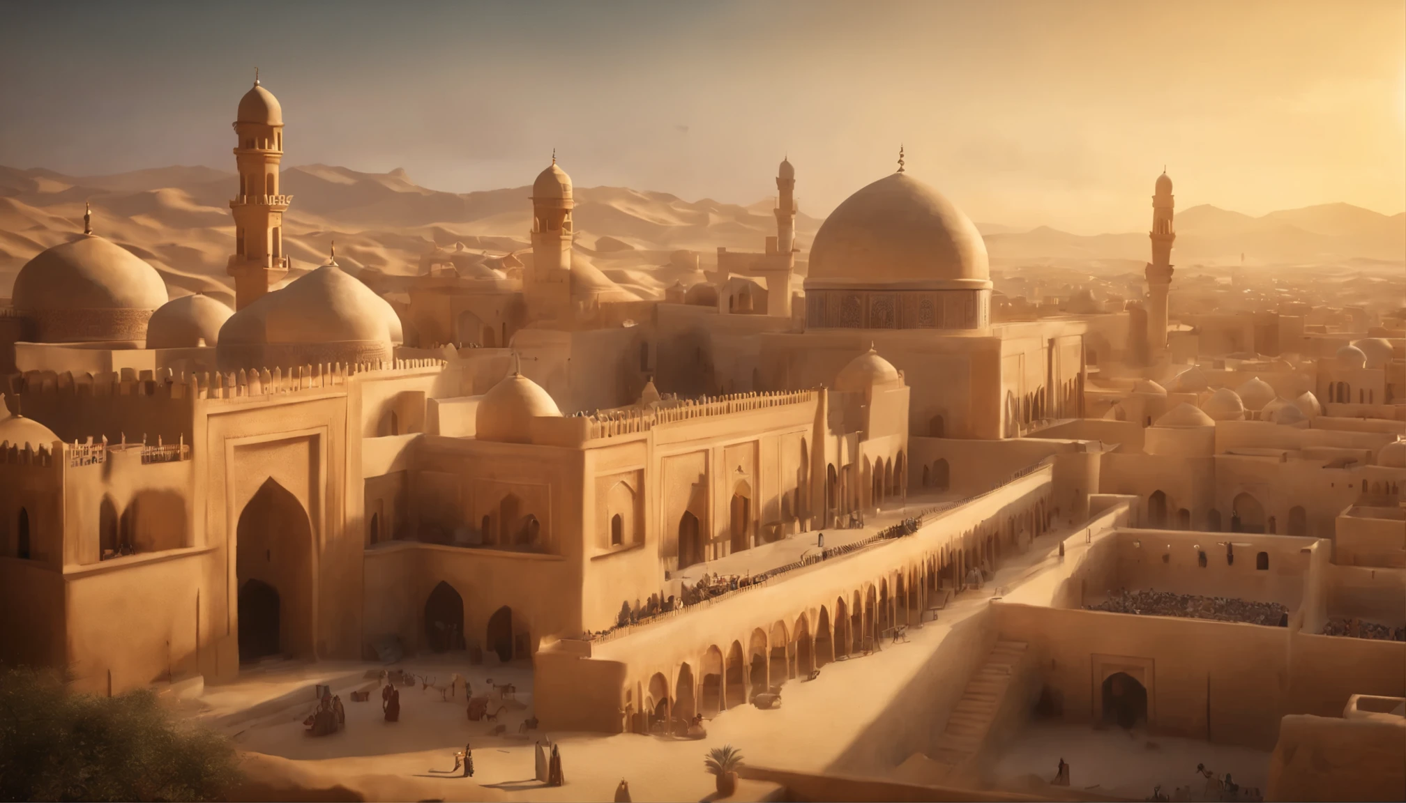 a detailed digital painting of an ancient city in the middle east, a bustling cityscape with traditional arabic architecture, domes, minarets, markets, people in traditional clothing, camels, desert landscape, warm lighting, vibrant colors, (best quality,4k,8k,highres,masterpiece:1.2),ultra-detailed,(realistic,photorealistic,photo-realistic:1.37),intricate details,establishing shot,dramatic lighting,cinematic composition