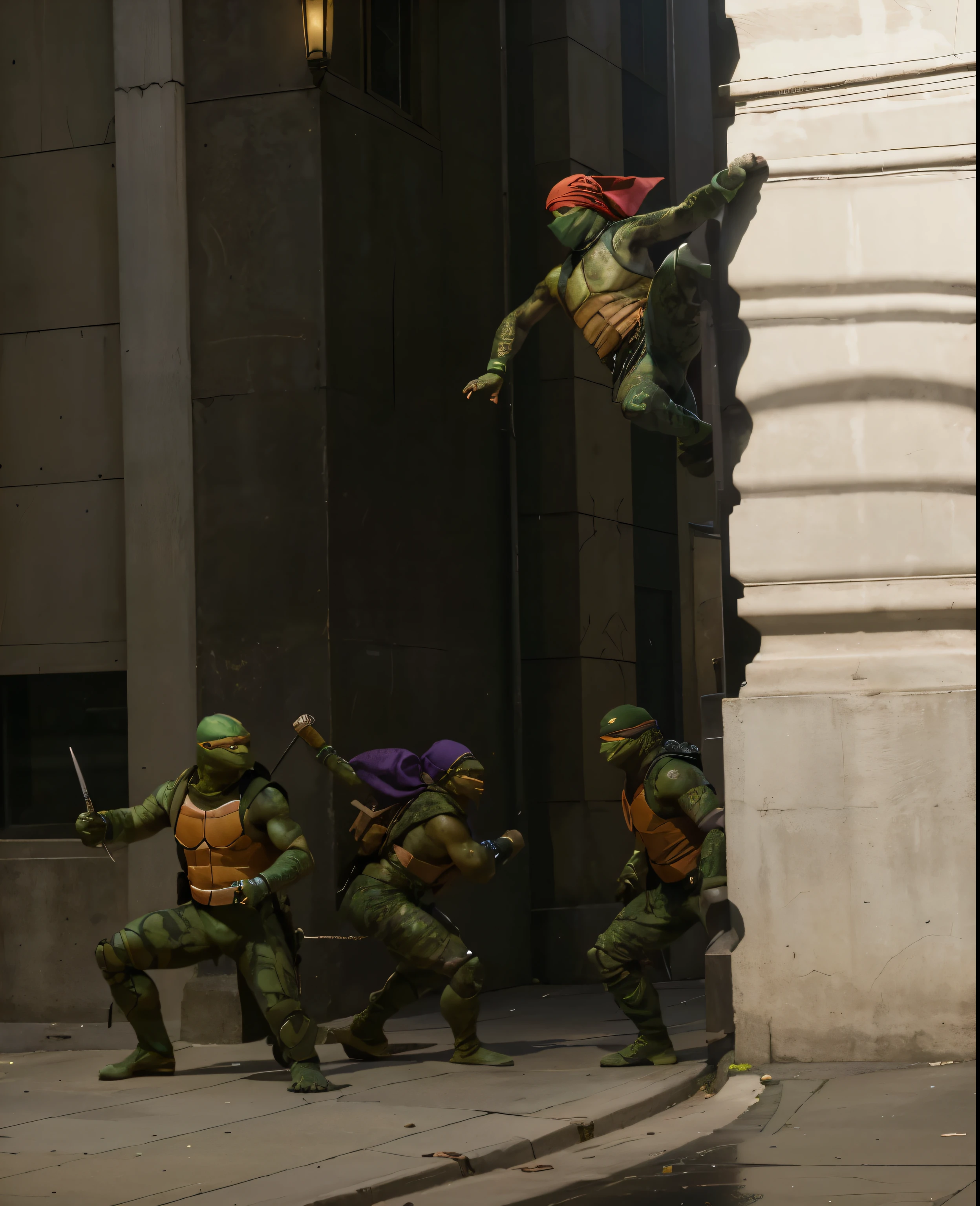 (Best quality, 8k, 32k, Masterpiece, UHD:1.2) Transform the setting of this image to feature the age Mutant Ninja Turtles on the streets of New York City, with buildings and skyscrapers surrounding them. The environment should showcase the urban landscape with detailed architecture, street elements, and a vibrant city atmosphere.
Introduce the TeenMutant Ninja Turtles in dynamic battle stances, ready for action. They should have realistic reptilian details and textures while maintaining their humanoid appearance. Leonardo, with a textured blue bandana, should have smooth, greenish-brown skin and a detailed shell featuring subtle patterning. Michelangelo, wearing an orange bandana, should have a speckled, olive-green skin tone with webbed fingers and toes. Donatello, in a purple bandana, should exhibit darker, rugged skin with patches of mottled brown. Raphael, sporting a red bandana, should have rougher skin texture with visible veins and a deep green hue.
Highlight their reptilian nature with realistic skin textures, scales, and moist surfaces. Each turtle should be depicted in a unique battle stance, showcasing their agility and combat readiness, with their iconic weapons visible. The lighting should be dynamic, with contrasted shadows and highlights that accentuate their forms and the details of their surroundings. Utilize the environmental lighting from the city, such as streetlights, neon signs, and illuminated windows, to cast realistic glows and reflections on the turtles and the urban elements.
Ensure the scene captures the energy and excitement of the turtles ready for battle in the bustling streets of New York City, with the towering buildings and city lights providing a dramatic and engaging backdrop.