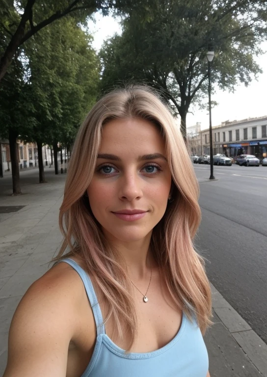 taken with the iPhone camera BREAK full shot selfie of a pretty young woman BREAK pink blonde BREAK film grain, calidad media, parado en una colina frente a una ciudad, luz natural, ojos azules