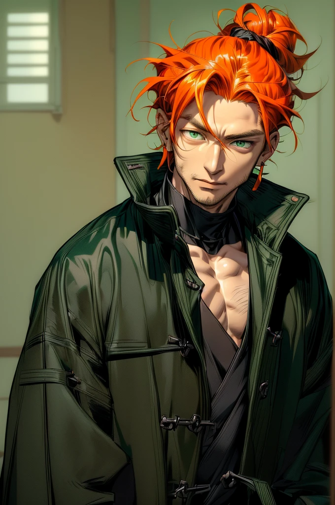 ((highest quality, masterpiece, 1 male, good looking, male, Adult male, 年上のmale性, Broad shoulders, Tall((Big Hair)), Looking at the audience ((Green Eyes)), ((Orange Hair, Hair tied up), Are standing, Earrings, Aged face, Adult, anime version, black Coat Outfit, 背が高いmale, anime, Coat Outfit, Show the whole character