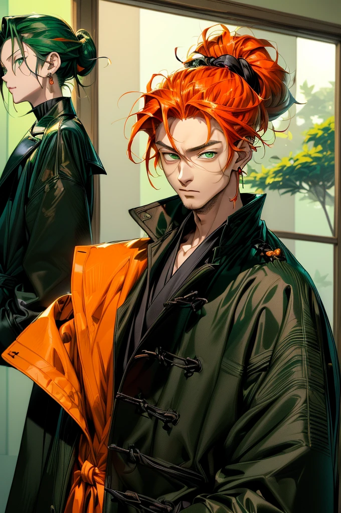 ((highest quality, masterpiece, 1 male, good looking, male, Adult male, 年上のmale性, Broad shoulders, Tall((Big Hair)), Looking at the audience ((Green Eyes)), ((Orange Hair, Hair tied up), Are standing, Earrings, Aged face, Adult, anime version, black Coat Outfit, 背が高いmale, anime, Coat Outfit, Show the whole character