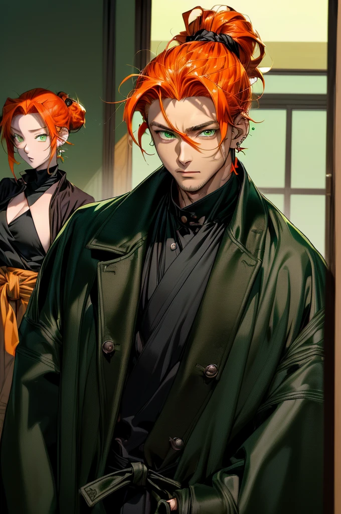 ((highest quality, masterpiece, 1 male, good looking, male, Adult male, 年上のmale性, Broad shoulders, Tall((Big Hair)), Looking at the audience ((Green Eyes)), ((Orange Hair, Hair tied up), Are standing, Earrings, Aged face, Adult, anime version, black Coat Outfit, 背が高いmale, anime, Coat Outfit, Show the whole character