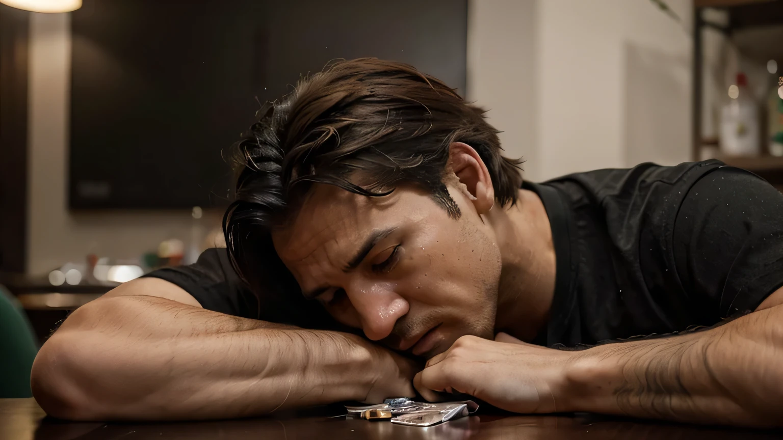 a desperate man at a table crying full of debts, 8k, hyper realistic, ultra detailed skin, impactful.