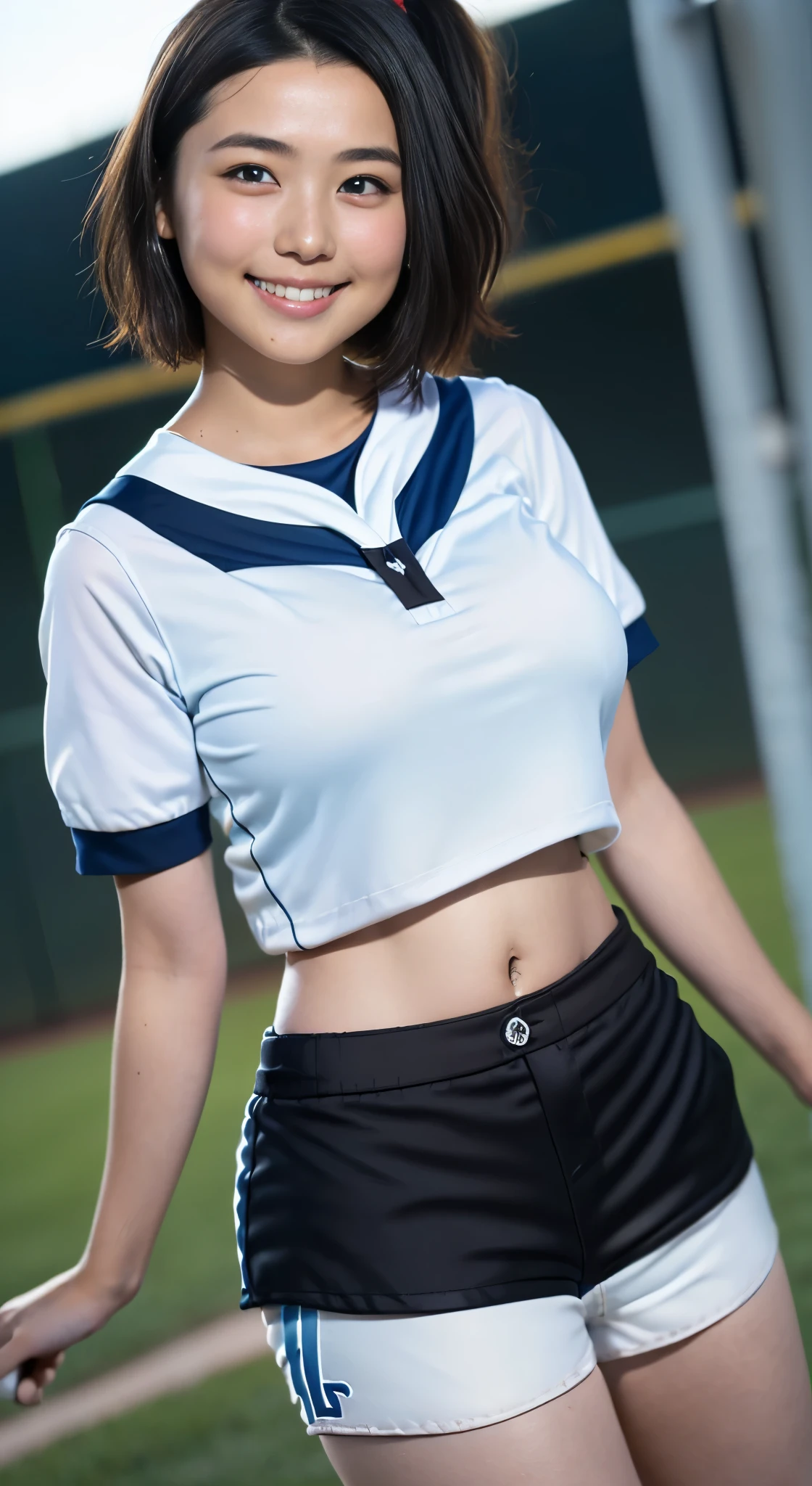 (8k、Raw photography、highest quality、masterpiece:1.2),(Black-haired、Very short hair:1.8),(ponytail:1.5)、View your audience,Viewed from the front,White skin,(high school girl、Light blue baseball uniforms:1.7)、(Tight waist:1.6)、(Clothes that accentuate the shape of the breasts:1.3)、(Big Breasts :1.5)、Slim figure、Ultra-high resolution,beautiful,beautiful fece,(one person、No background:1.9),whole bodyボディー,Japanese women,(reality的:1.37)、Photon Mapping,reality、(Baby-faced and cute: 1.4)、(Cute Smile: 1.8)、(Round face: 1.8)、Radio City、Physically Based Rendering、Depth of field rally background、photograph, (I can see your knees、Very short white shorts、Thigh close-up:1.8),(:1.4),whole body、Great quality