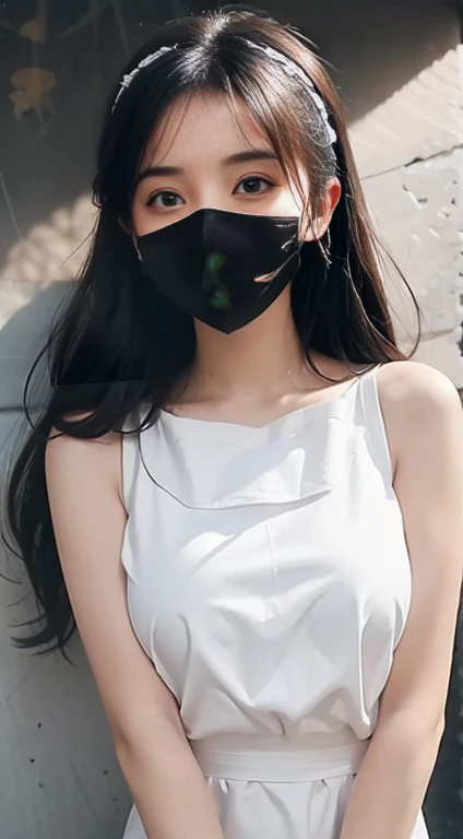 A beautiful and moving girl,Wear a black mask,Cover your face,Carry your hands behind your back,Bandages from the chest to the legs,Like a mummy, it is wrapped in a lot of white bandages,((Cinematic light and shadow texture)),(8K),super high image quality,((Ultra-realistic light and shadow)),(Ultra-fine skin texture),((Extreme chiaroscuro detail)),Cinema lenses,(((Ray traching)))