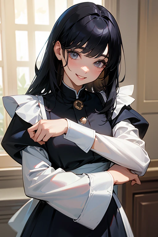 (Highest Resolution, clear_image) highest quality, Single person, One woman, alone, masterpiece, Very detailed, Semi-realistic, Black Hairのショートヘア, Black Hair, bangs, 18-year-old, mature, light blue uniform, uniform, Indoor Background, kind, Authoritative, Powerful, exquisite features, exquisite features、Eyelashes become longer、Showing teeth、smile😀、Maid clothes、woman'Fingers in the、Sleeping on the sofa、Long Hair、Fluttering in the wind、Cleaning、Navy blue clothes、Long Hair、