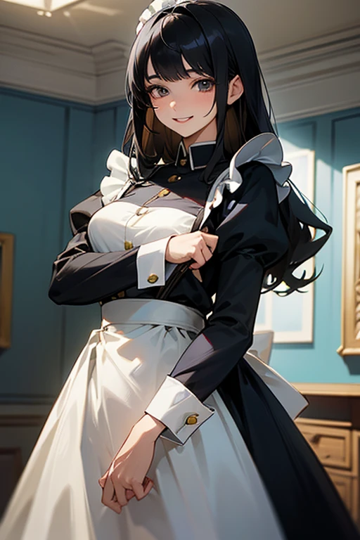 (Highest Resolution, clear_image) highest quality, Single person, One woman, alone, masterpiece, Very detailed, Semi-realistic, Black Hairのショートヘア, Black Hair, bangs, 18-year-old, mature, light blue uniform, uniform, Indoor Background, kind, Authoritative, Powerful, exquisite features, exquisite features、Eyelashes become longer、Showing teeth、smile😀、Maid clothes、woman&#39;Fingers in the、Sleeping on the sofa、Long Hair、Fluttering in the wind、Cleaning、Navy blue clothes、Long Hair、
