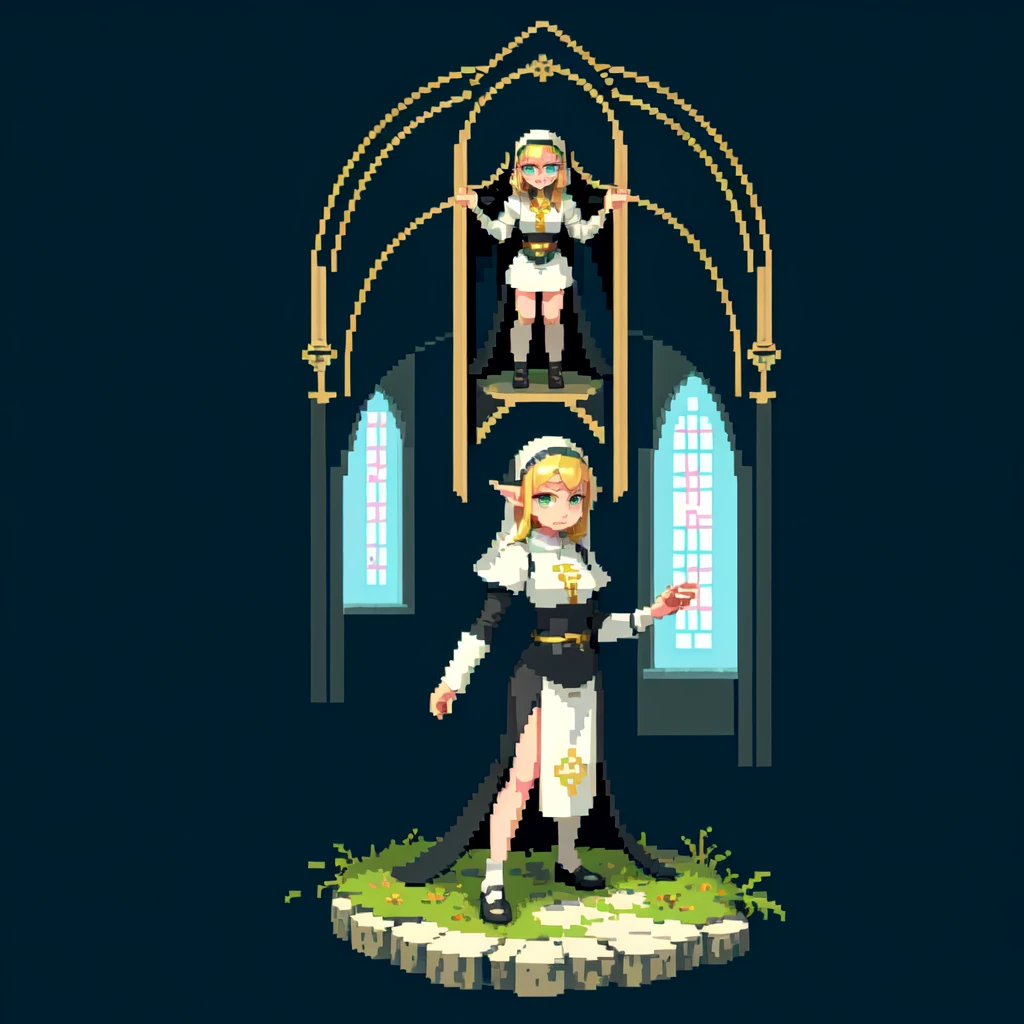 (masterpiece, top quality, best quality), pixel,pixel art,girl,elf,nun,priest,fullbody