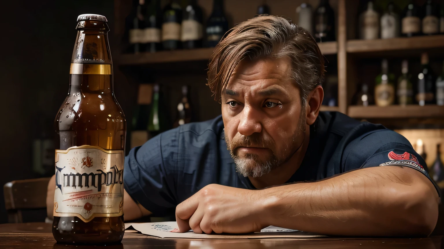 a drunk man looking at a table that is full of crumpled papers and a bottle of beer realistic hyper detailed real skin 4k