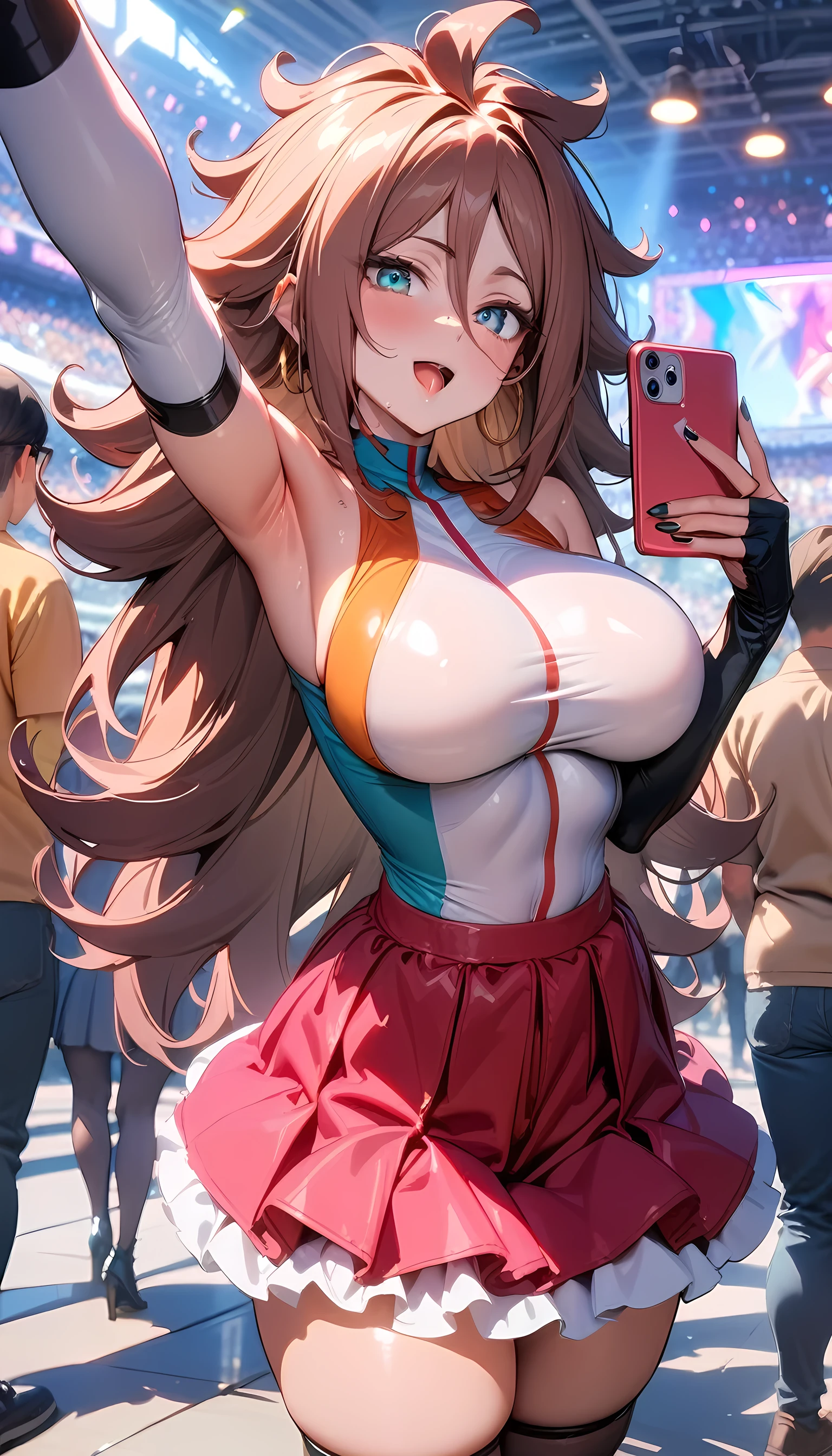 (8k, masterpiece), high resolution, high quality (best quality), Android 21, taking a selfie with fans, frilled dress, several girls, crowd, :d, spectacular dynamic lighting, beautiful eyes, delicate face, detailed skin, detailed breasts, vivid colors, 