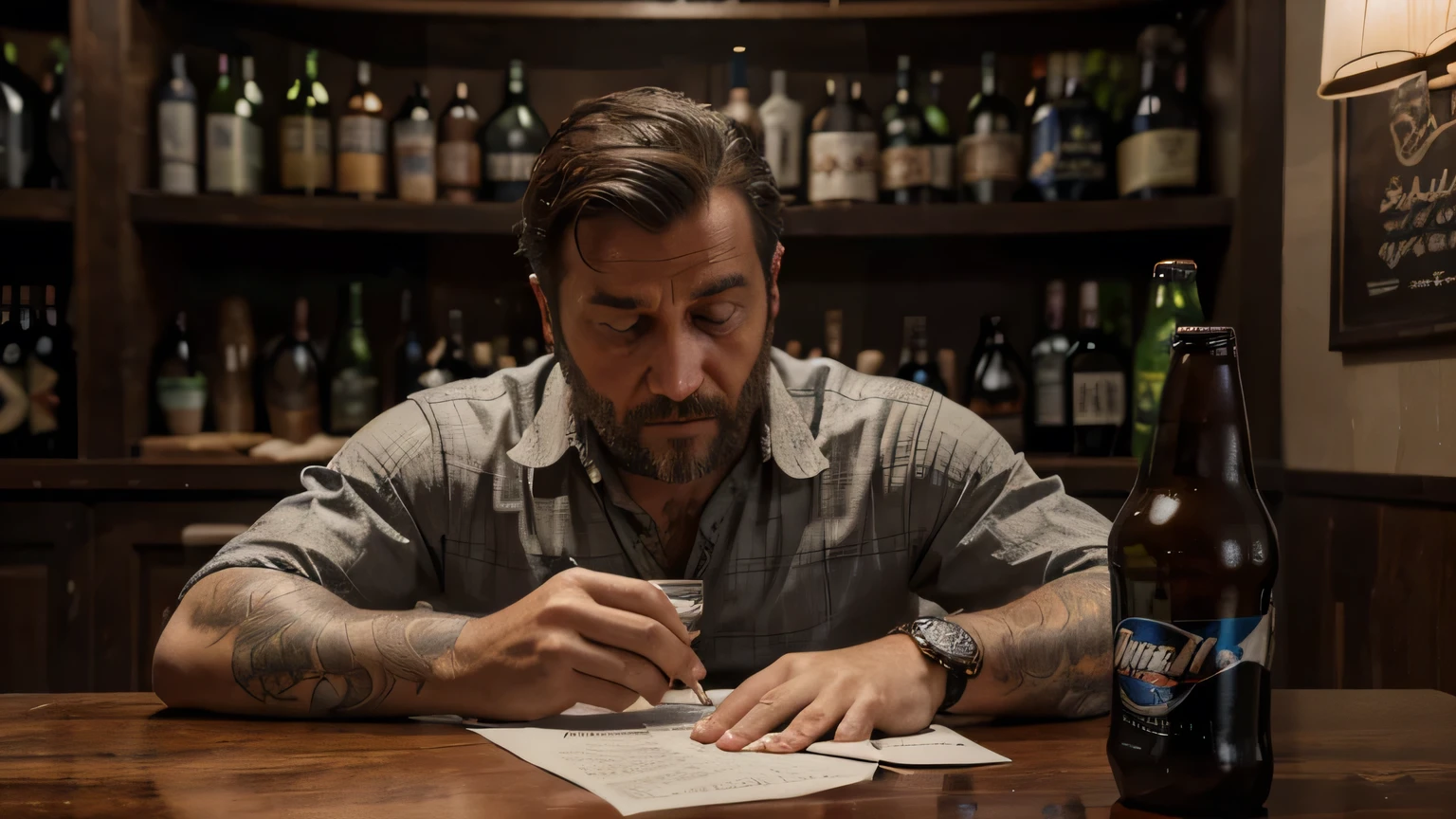 a drunk man looking at a table that is full of crumpled papers and a bottle of beer realistic hyper detailed real skin 4k