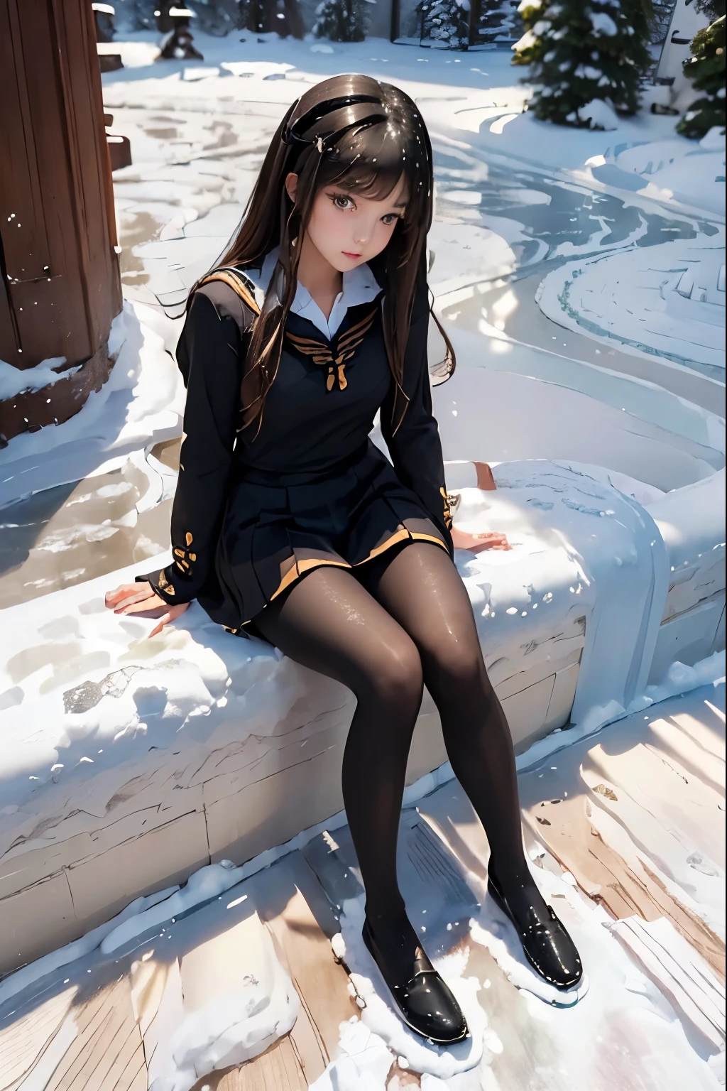 (((Masterpiece))),((top quality)),one beautiful girl,bangs、(black sailor uniform:1.5)、(black pantyhose)、(dark brown loafers)、snow girl, beautiful digital artwork, Beautiful snow girl, beautiful fantasy art, very beautiful fantasy art, beautiful digital art,(sitting in the snow:1.5)