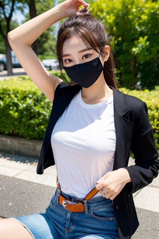 ​masterpiece、top-quality、The ultra -The high-definition、、colourfull、flat-colors、depth of fields、lens flare 1 girl、、A dark-haired、watching at viewers　holster　bobby　Cutter shirt　a belt　suspenders　working adults　materia　OL　　Black jacket　glares　large full breasts　JINS　jeans　 Face sitting
Waiting to start　 Armpit sweat　perspiring　Side of both hands　masks