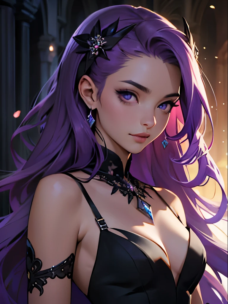Best Quality,4k,hight resolution,Masterpiece:1.2),Beautiful detailed lavender purple hair,Surprisingly Long Purple Hair,Flickering Particles,Elegant figure,evening gown. Beautiful figure. black evening dress. srestrained. Elegant dress. Succubus. Beautiful hall. young girl. graduate. The atmosphere of love. Modest dress. portraite of a. small breasts. Portraiture. very beatiful girl. ultra detail face. Photorealism. Black flowing dress