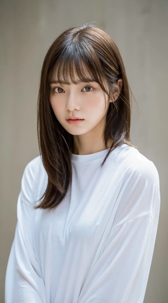(highest quality、16K resolution)1 girl、solo、Natural soft light、small 、Japanese women、Looking into the camera、Long sleeve white T-shirt、Concrete Background、Look forward、standing、Beaver、Female in her late s、Light bangs、short hair、Salon model、Natural look、Portrait、Floated hair、Roll Hair