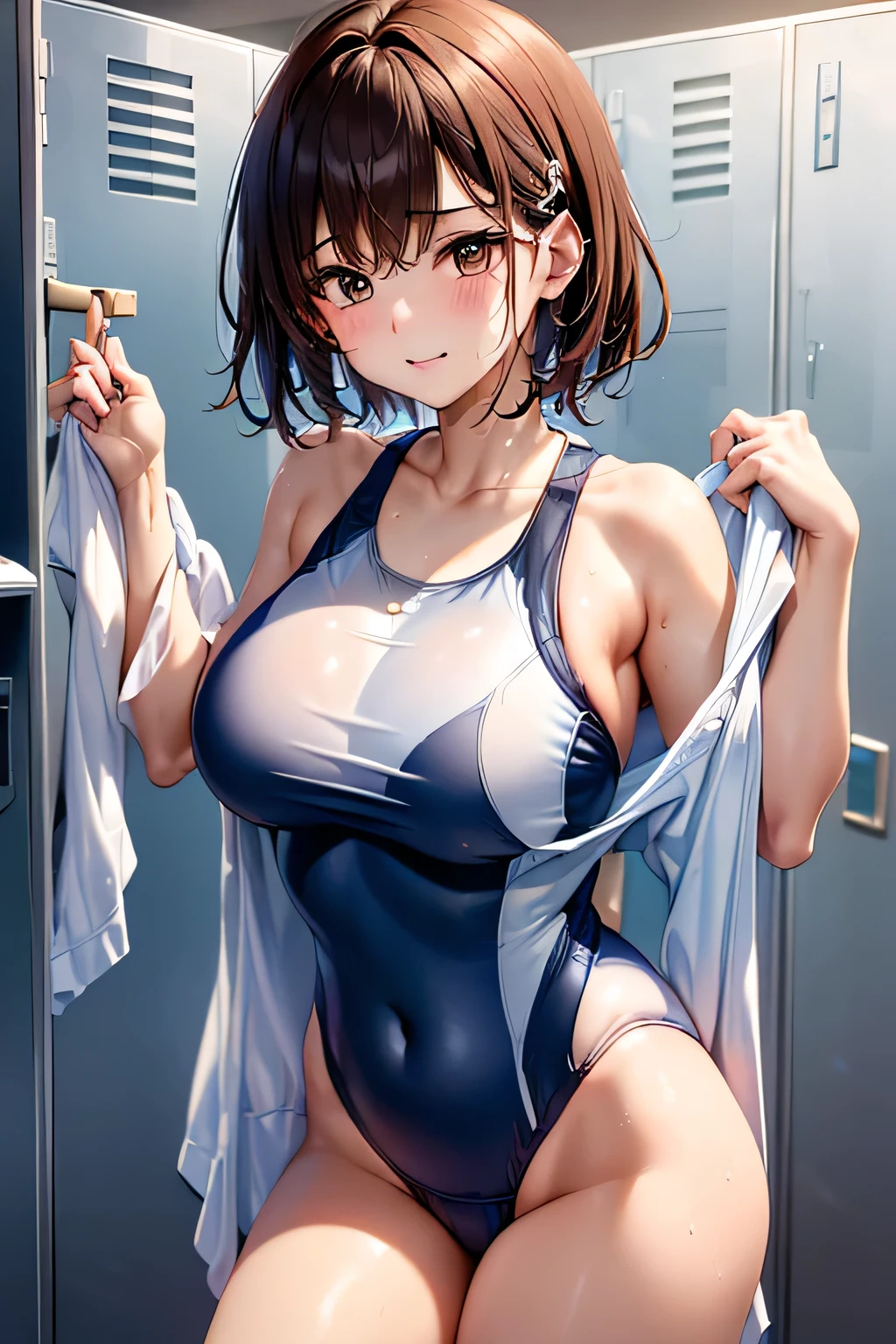 (((locker room:1.3))),(((Sports towel))), (((Changing room 1.3))),(((Uniforms hanging on hangers:1.3))),((Swimsuit change:1.7)),(((White one piece swimsuit))),Crying face,tears,Cute Face,Extreme close up of face,Shiny light brown and orange striped short hair,Perfect round face,iris,(hairpin、Floating Hair、),Big Breasts.Professional Lighting,Cinematic Light,(Tabletop,highest quality,Ultra-high resolution output images,) ,(8K quality),(Picture Mode Ultra HD),
