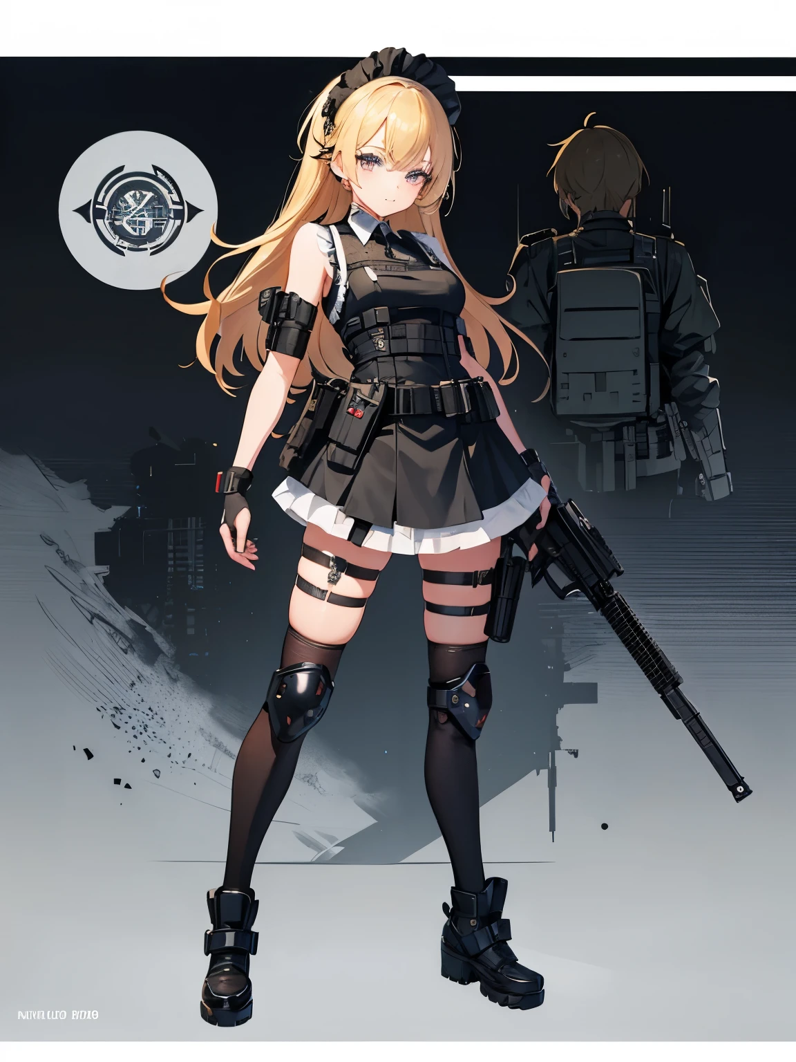 (Anime style),high quality, e-girl make up, girl, maid, military, tary, knee pads and elbow pads tactical protection, tactical maid, black leather fingerless gloves, girl, maid dress, maid outfit, tactical equipment, tactical leg straps, tactical, looking at viewer, metal details, military straps, military harness, Full body view, military light vest, two-tone hair, full body, ,add_detail:1, add_detail:0, add_detail:0.5,