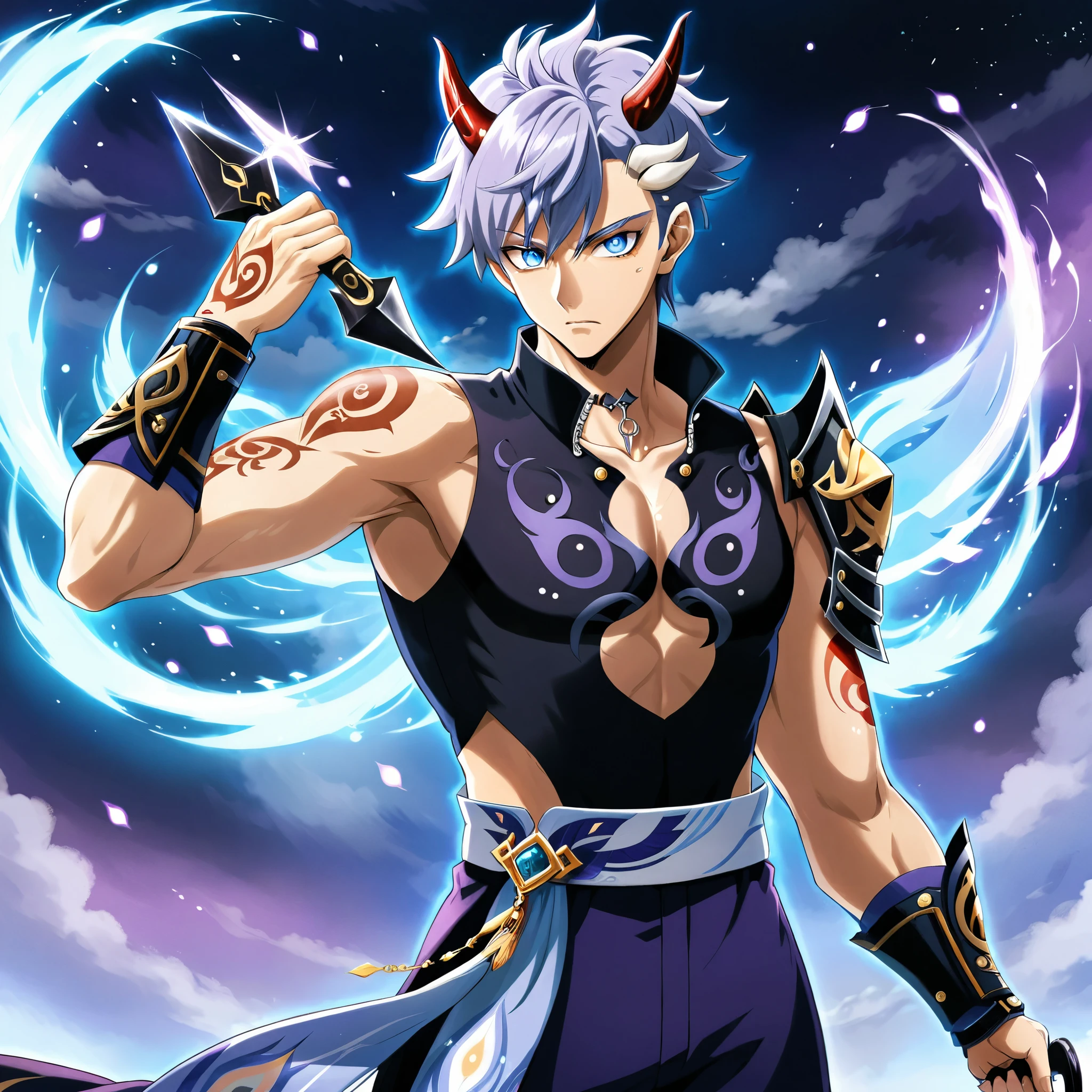 High quality, Solo, ((Detailed eyes)), ((detailed face)), anime character with a sword and a shirtless body, (((Shirtless))), (((White Spikey Hair))), (((Black Bangs))), ((Horns on head)) handsome guy in demon slayer art, (((Tattoos on body))), (((Black Shoulder Armor with purple highlights))) handsome japanese demon boy, trigger anime artstyle, male anime character, (((wielding kunai))), okata kazuto, anime handsome man, handsome anime pose, key anime art, keqing from genshin impact, jett from valorant, tall anime guy with blue eyes , Scenic Night Background, Red and Black Outfit,