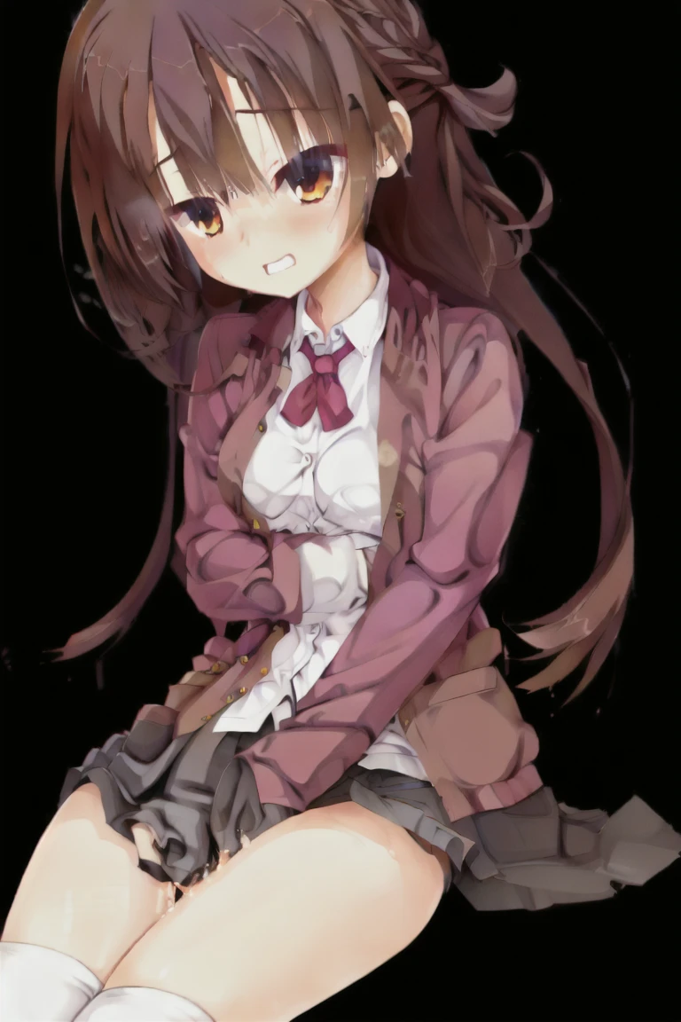 1girl,solo,orgasm_face,dark_blown_hair,bob_hair,Light brown cardigan, baggy cardigan, white shirt, cute shirt,underwear, thigh-highs sleeves_past_wrists,(masturbation:1.3),female_masturbation,pussy,(pussy_juice:1.35),skirt_lift,embarrassed,sitting,Embarrassing,faceを赤くする,Bedroom,expensive_solve, clear_image, expensive_Contrast, 8k, Sparkling, beautiful_detailed_face_and_eye, (Dark Brown Hair:1.25), 白 eye,Black background