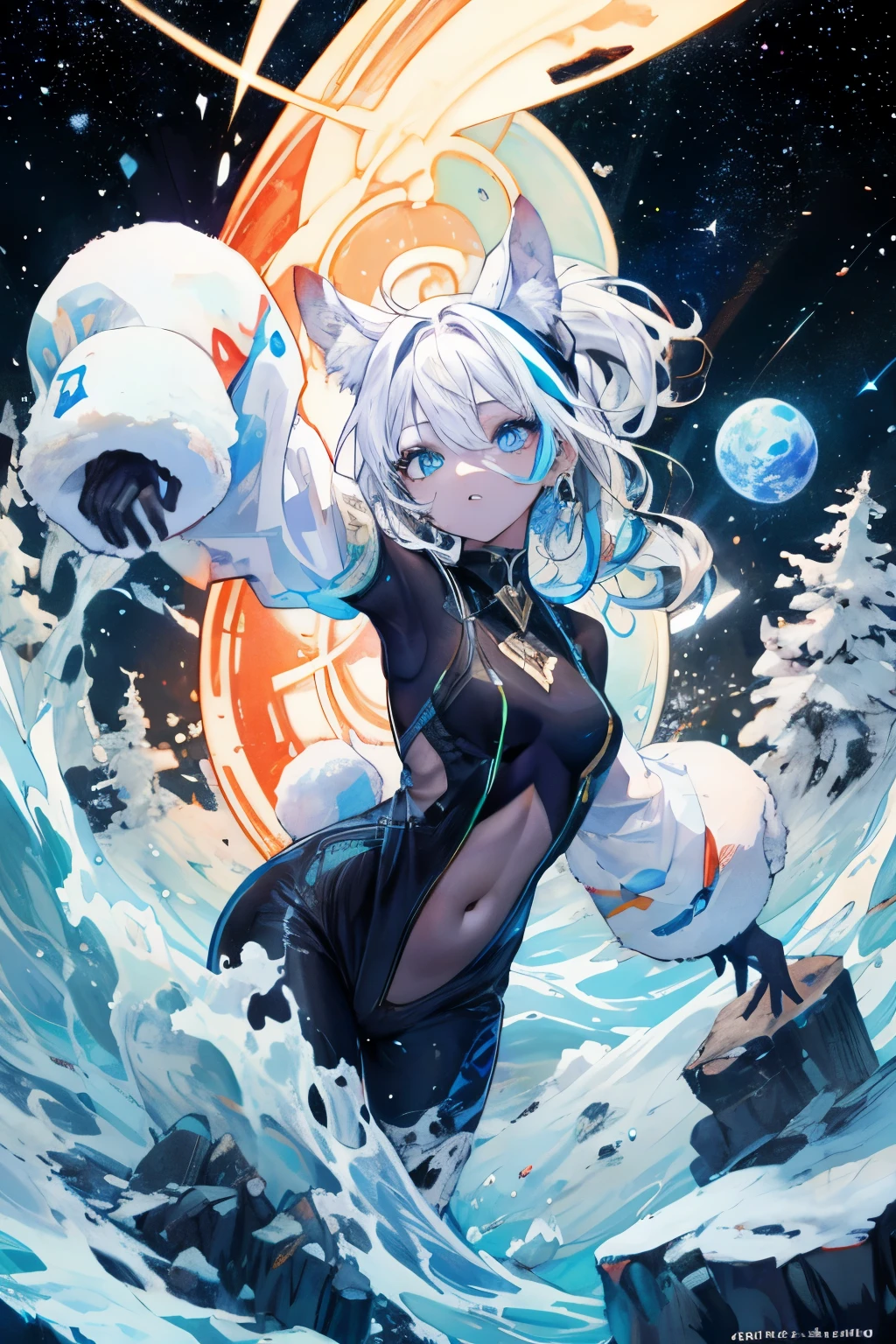a girl,cabello blanco,Ojos azules,Orejas de conejo,con una tablet,fondo de colores,Cuerpo completo,Detras de ella hay una estrella negra,piel boanca como la nieve