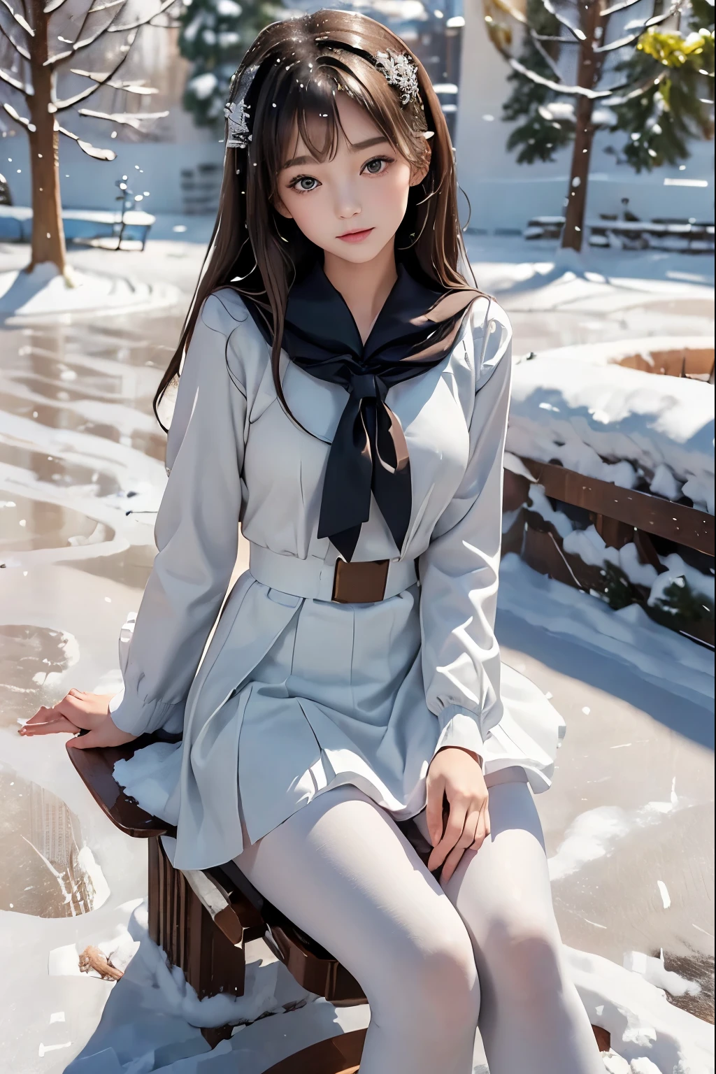 (((Masterpiece))),((top quality)),one beautiful girl,bangs、white sailor uniform:1.5)、(black pantyhose)、(dark brown loafers)、snow girl, beautiful digital artwork, Beautiful snow girl, beautiful fantasy art, very beautiful fantasy art, beautiful digital art,(sitting in the snow:1.5)