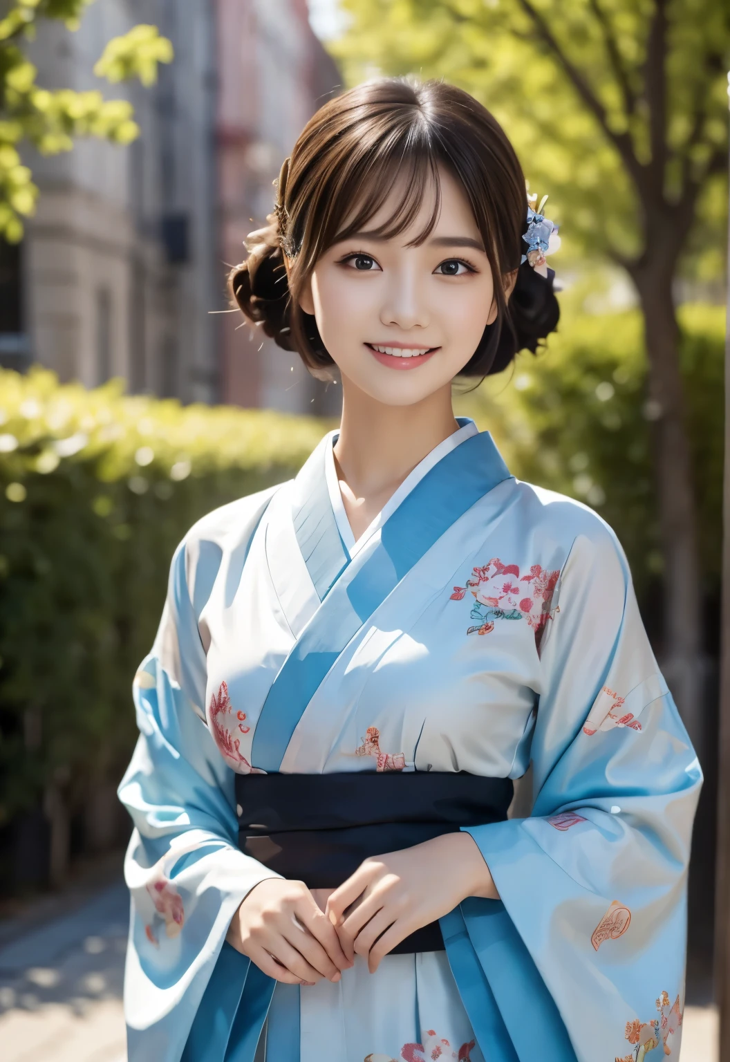 (masterpiece, best quality:1.1), (8k, raw photo, photo realistic:1.2, f22), (shiny skin), detailed skin,chignon,ribbon,detailed face, detailed eyes,smile,BREAK, real world, intricate details, smil, BREAK, 1girl, full body,(kimono),BREAK, (morning:1.4)