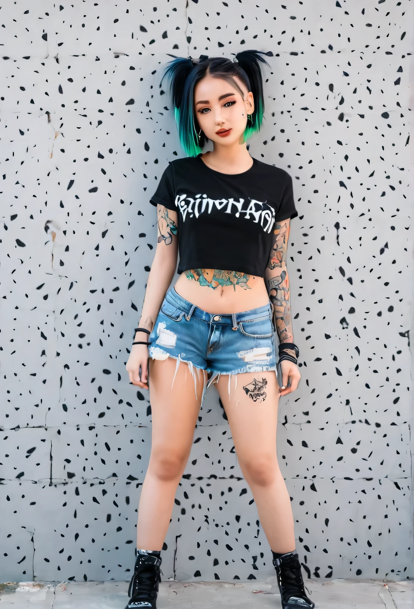 Anime Gir wearing a black crop top and ripped jean shorts leaning aganst a wall with a bunch of tattoos
