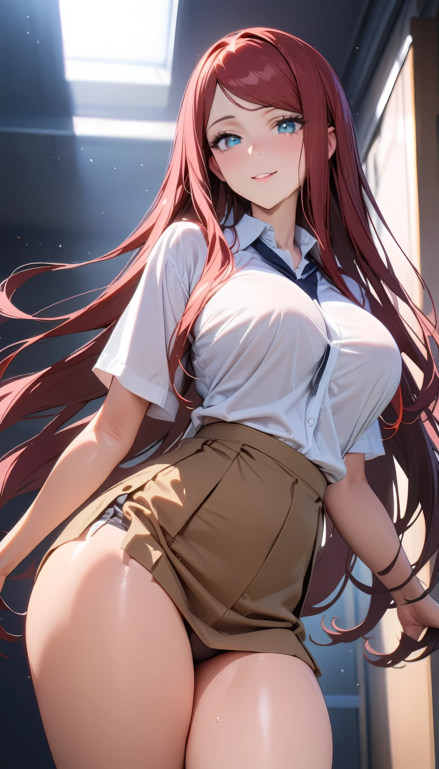 (8k, masterpiece), high resolution, high quality (best quality), uzumaki kushina, teacher, with a seductive look and smile, in high school, spectacular dynamic lighting, beautiful eyes, delicate face, detailed skin, detailed breasts, vivid colors,