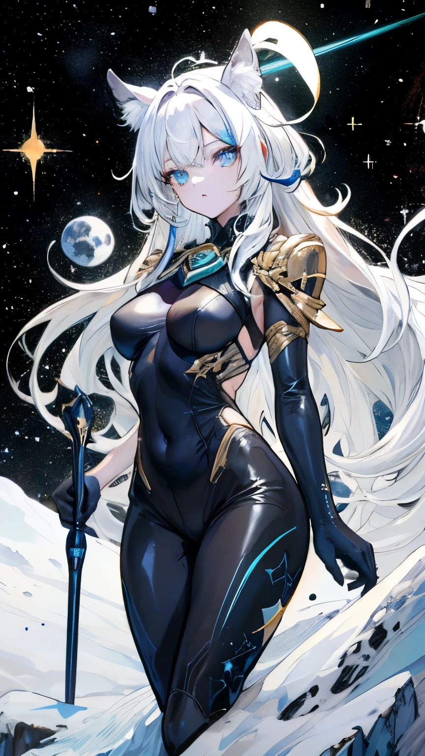 a girl,cabello blanco,Ojos celestiales,Orejas de conejo,con una tablet,fondo de colores,Cuerpo completo,Detras de ella hay una estrella negra,piel boanca como la nieve