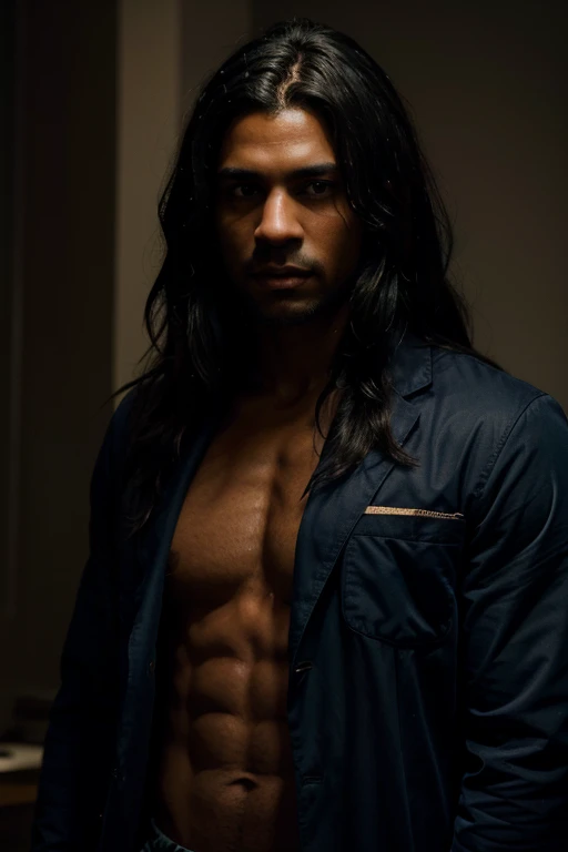 A dark-skinned man with long dark blue hair, wearing a doctor's coat, muscular, green eyes, realistic, photorealistic, photo-realistic:1.37, best quality, 8k, highres, masterpiece:1.2, ultra-detailed, studio lighting, extremely detailed face and eyes, detailed facial features, detailed clothing, intricate details, dramatic lighting, cinematic, moody, atmospheric, vibrant colors, warm color palette