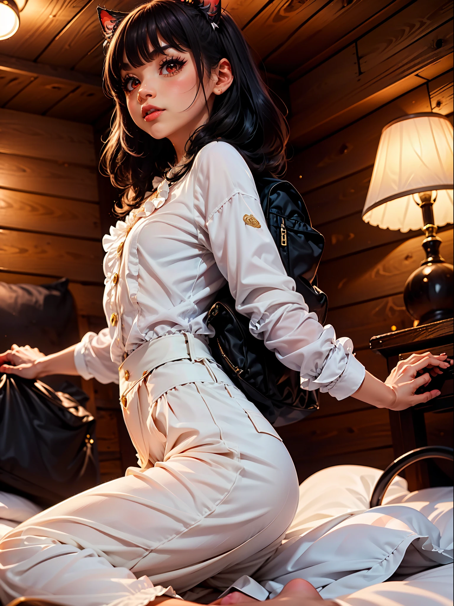una sirvienta, vistiendo atuendo negro de sirvienta con partes blancas, White Ruffled Shorts, Suit and pants extremely short and tight in the body, pelo largo negro orejas de gato, ojos rojos, con un gran flequillo delante de los ojos, pechos gigantes, mirando al espectador, in a camping cabin, con una cama, lamp, mochila,  es de noche, Lugar iluminado, ((pose [Apoyado en la cama|Holding a lamp|sitting on top of the mochila])), 16k, HD, Mejor calidad, better resolution, mejor detalle, Efectos de luces y sombras., (((cuerpo completo)))